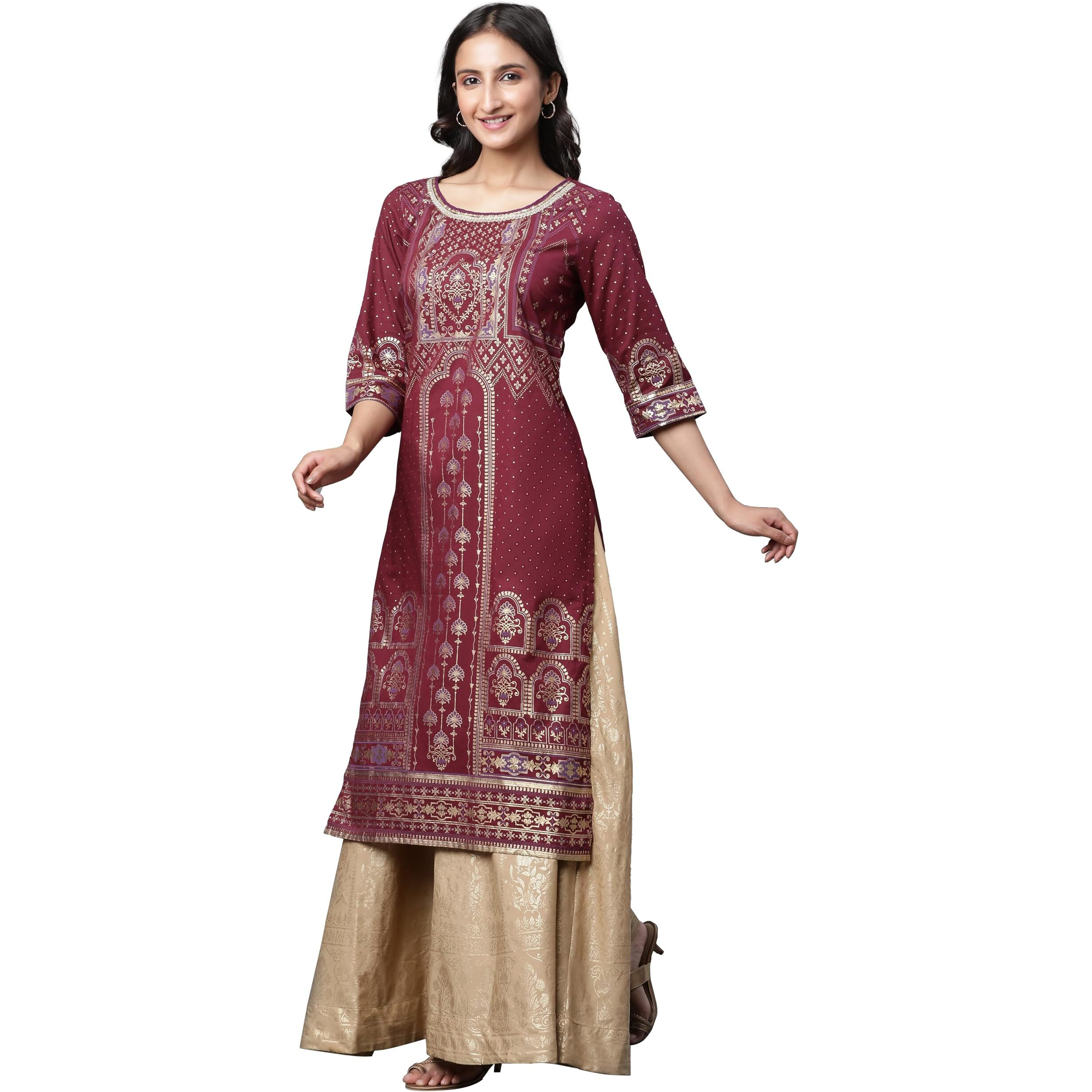 Aurelia Maroon Geometric Printed Printed Lace Cotton Regular Kurta for Women