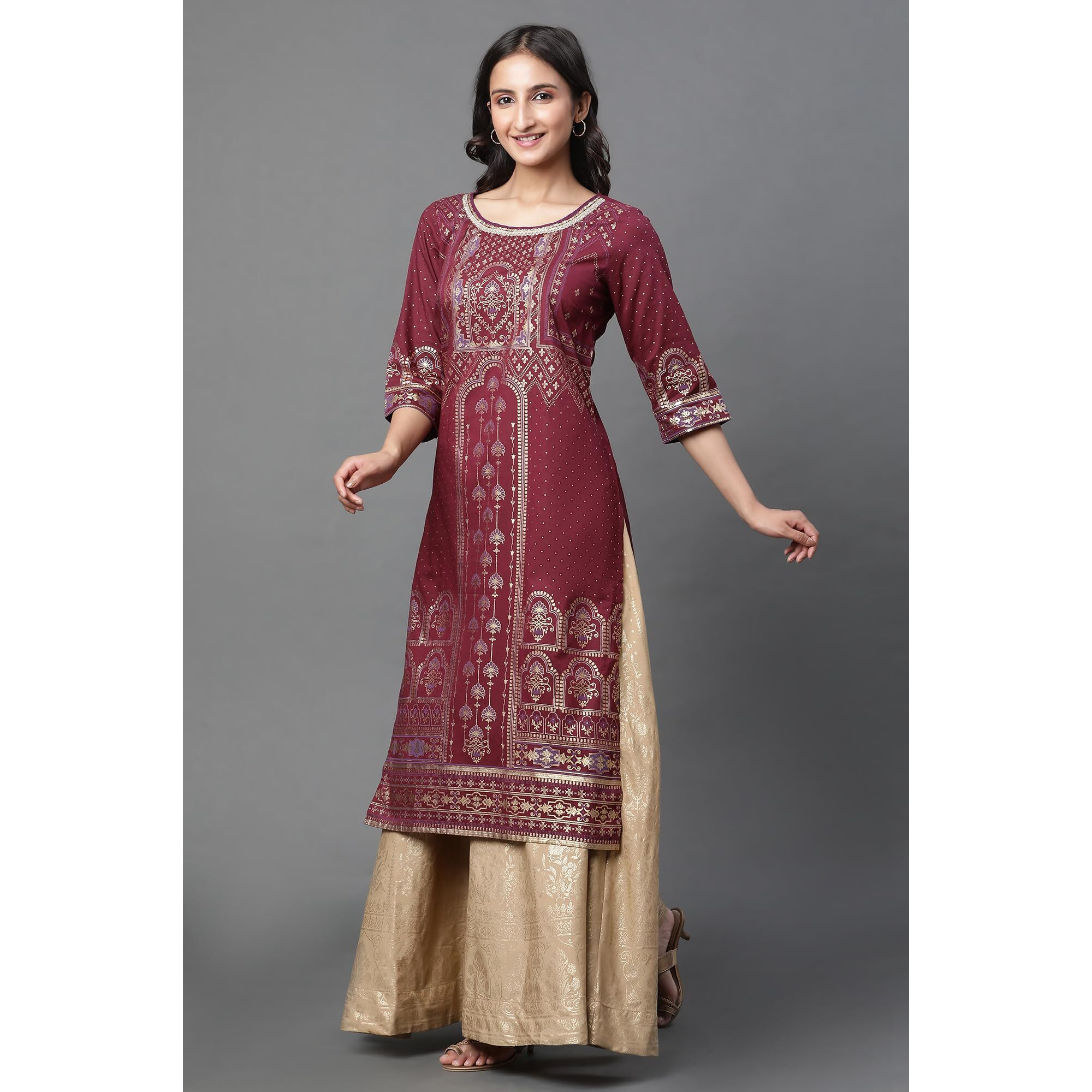 Aurelia Maroon Geometric Printed Printed Lace Cotton Regular Kurta for Women