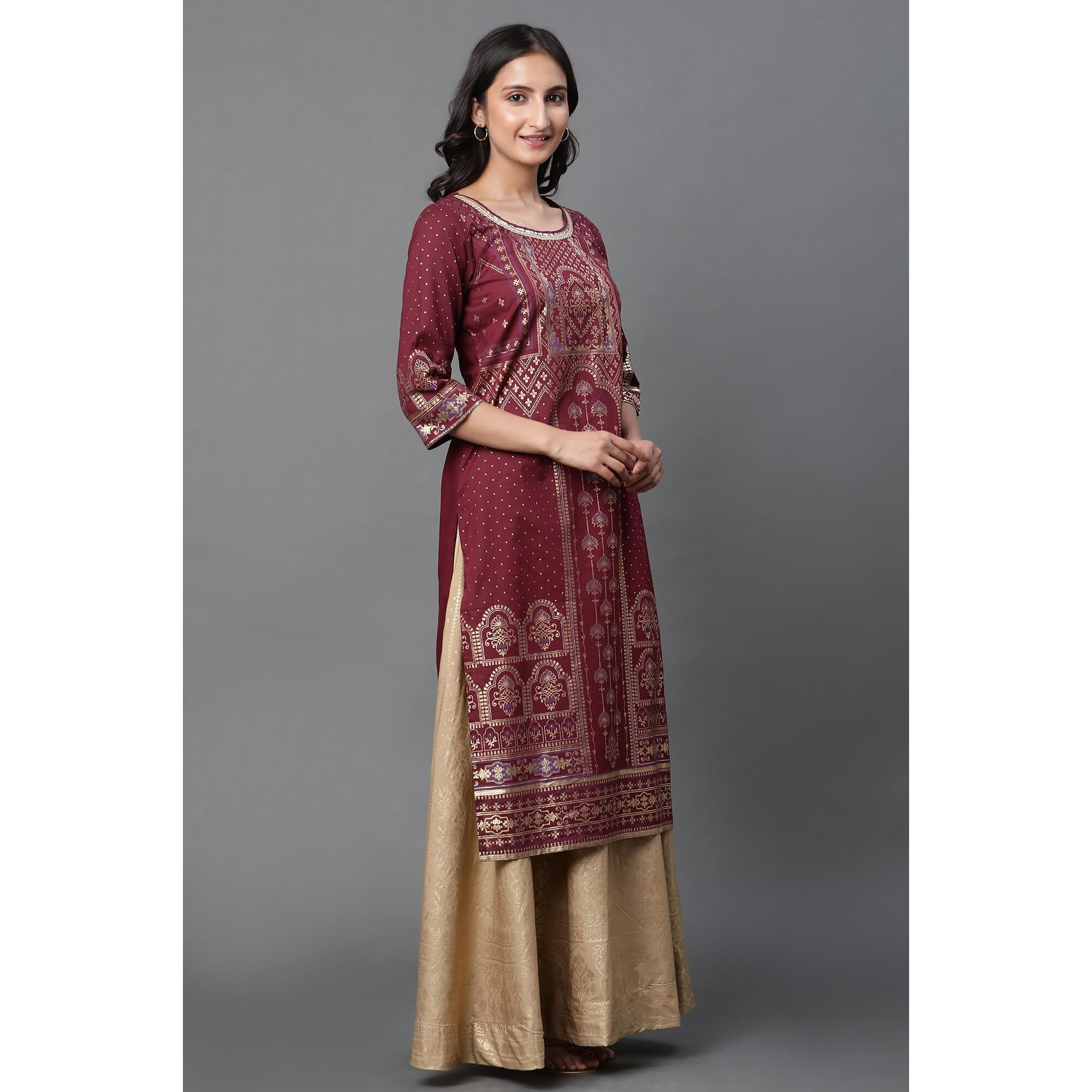 Aurelia Maroon Geometric Printed Printed Lace Cotton Regular Kurta for Women
