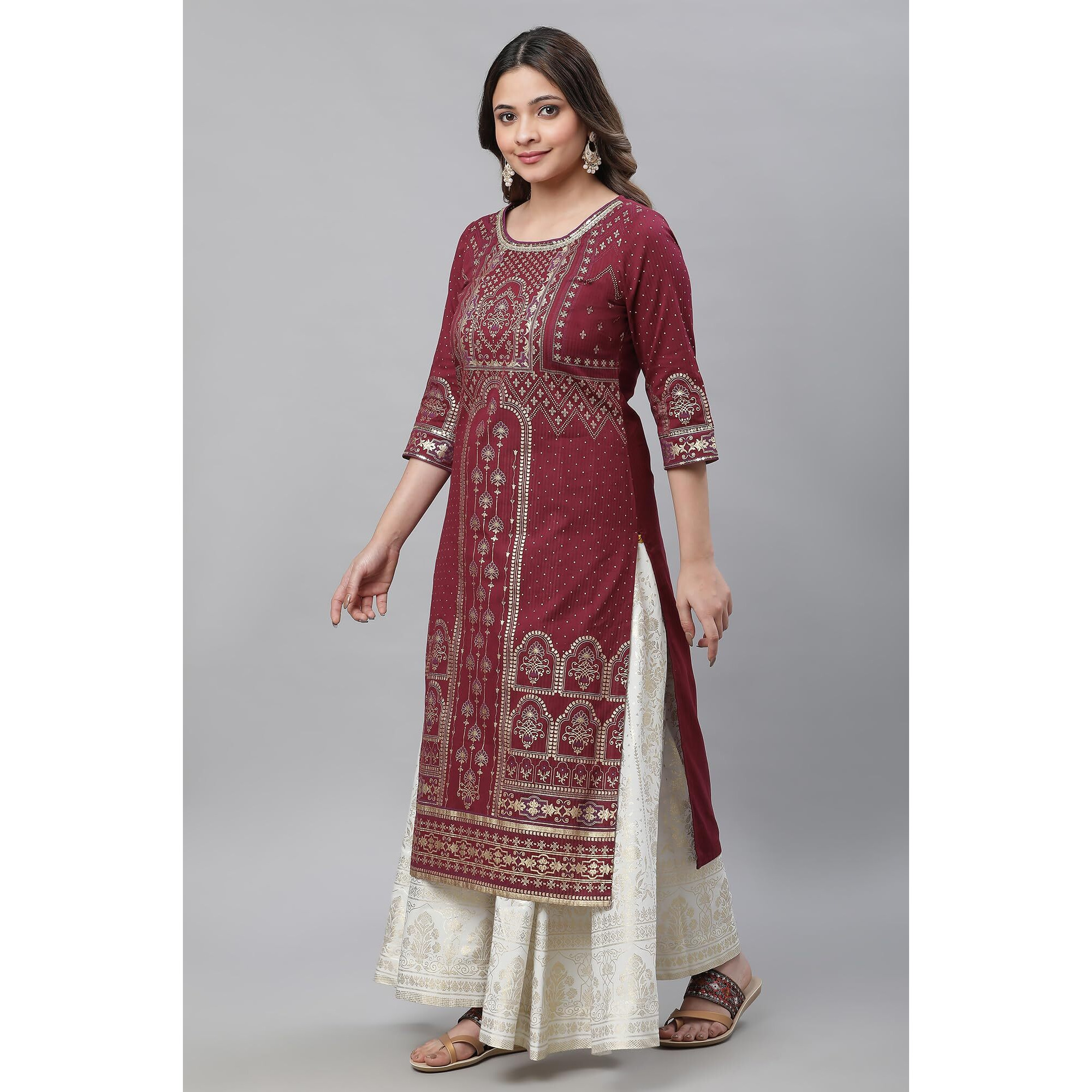 Aurelia Maroon Geometric Printed Printed Lace Cotton Regular Kurta for Women