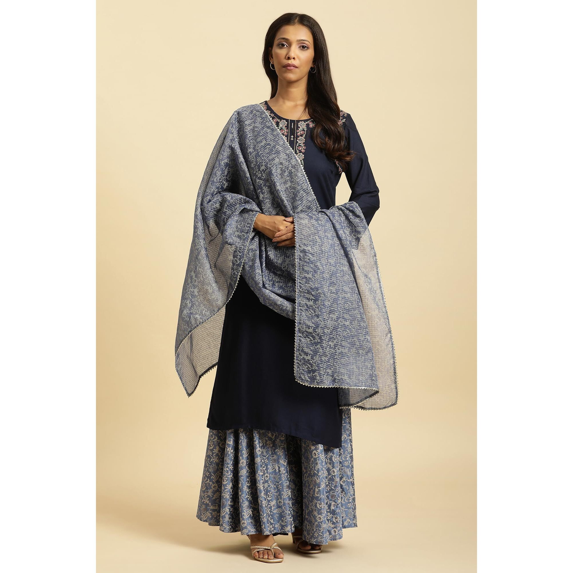 W for Woman Polyester Women Cobalt Blue Solid Kota Dupatta_23Auw82070-122395_Free Size