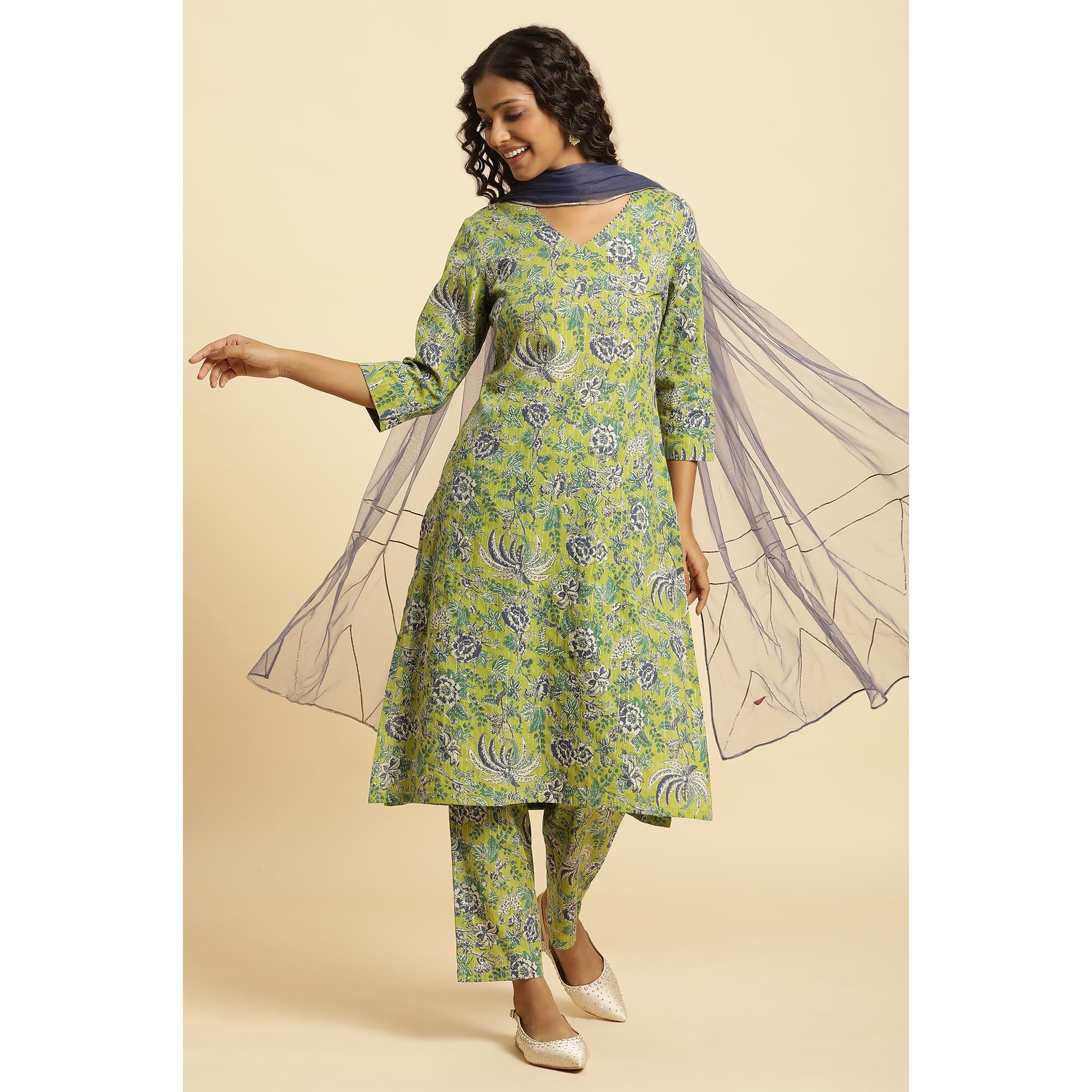 W for Woman Women's Cotton Blend Kurta, Straight Pant & Dupatta (23AUWS10159-122805_Light Green
