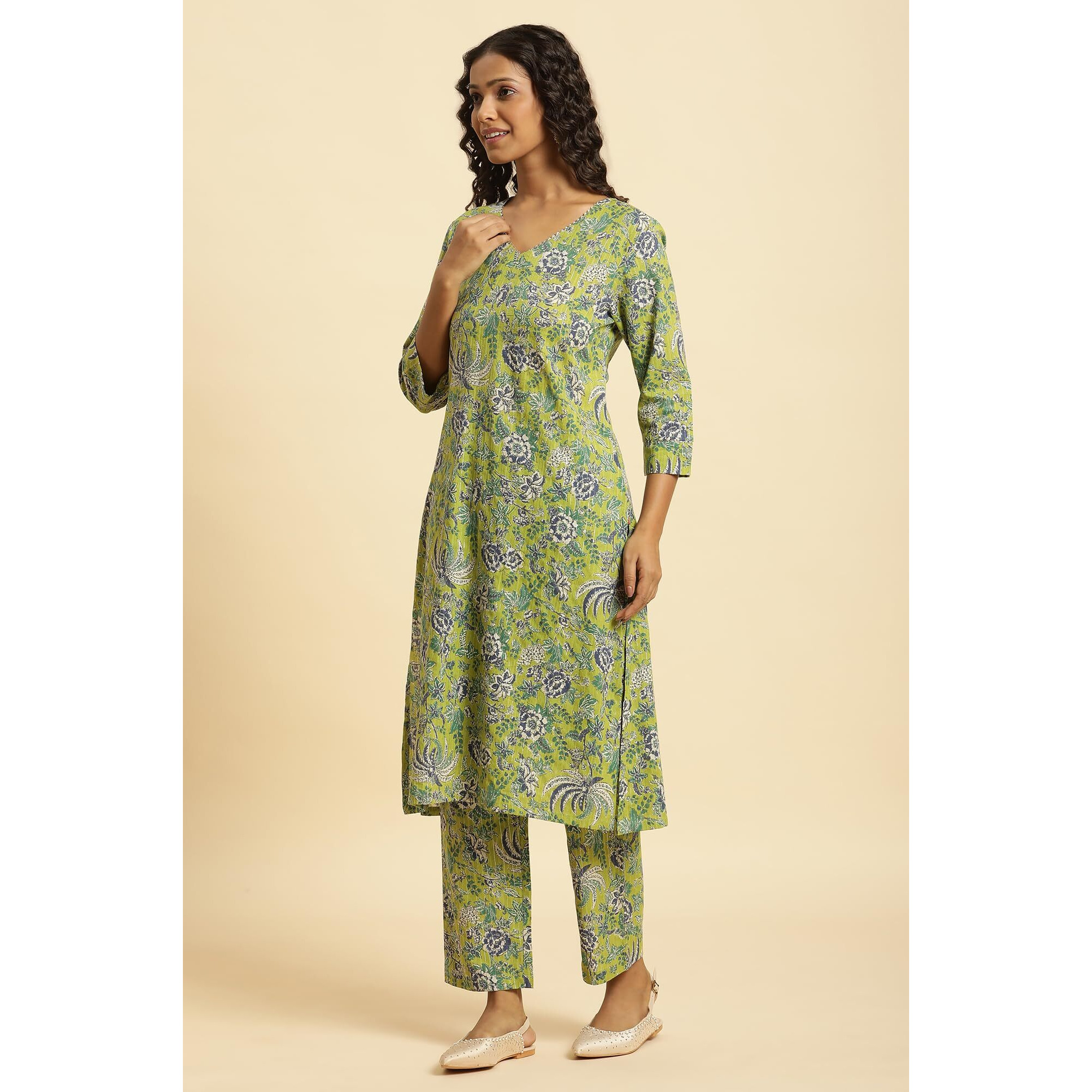W for Woman Women's Cotton Blend Kurta, Straight Pant & Dupatta (23AUWS10159-122805_Light Green