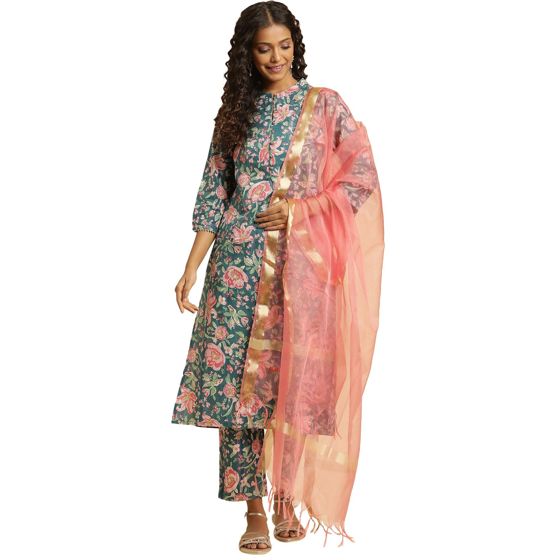 W for Woman Women's Cotton Blend Kurta, Straight Pant & Dupatta (23AUWS10161-122807_Deep Teal Blue