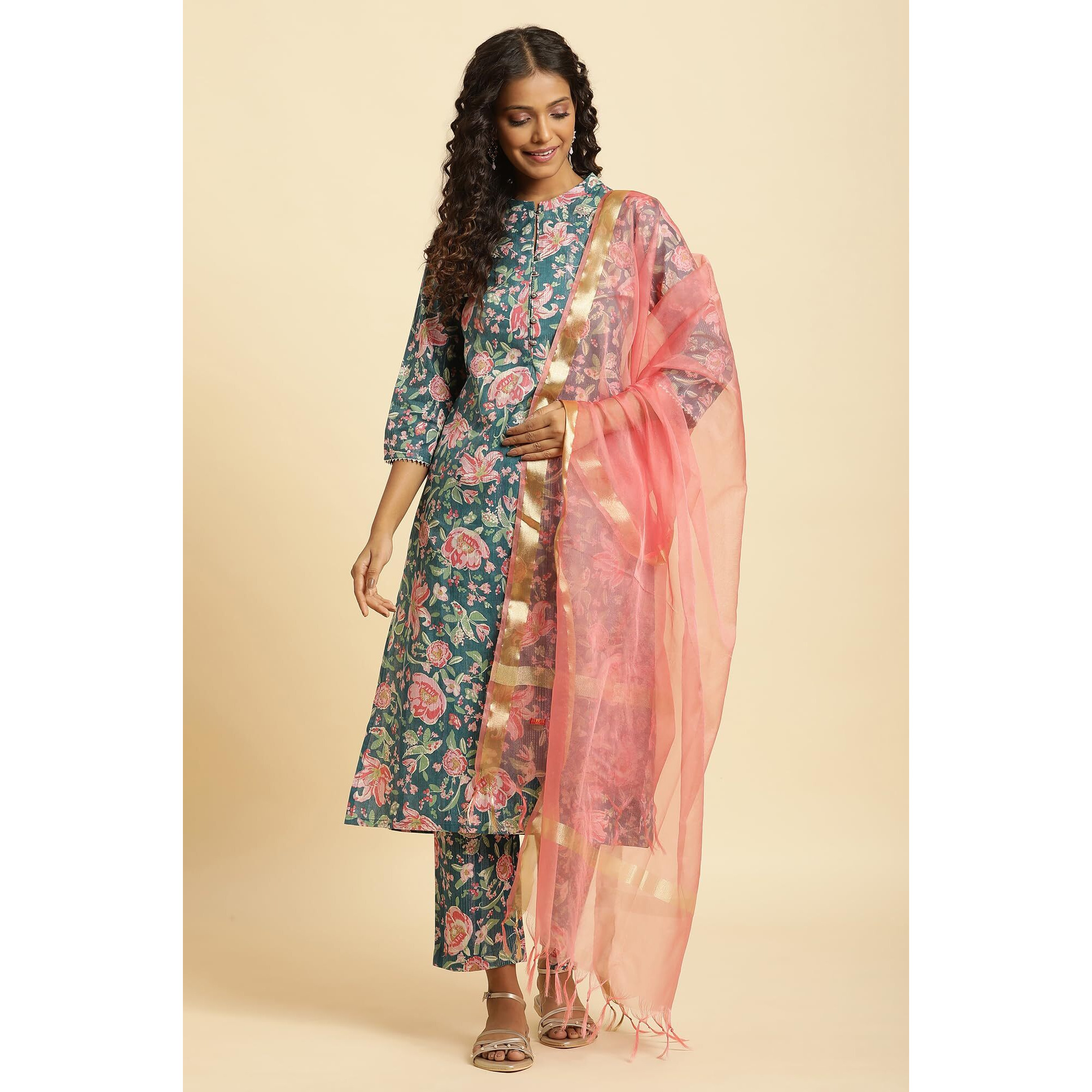 W for Woman Women's Cotton Blend Kurta, Straight Pant & Dupatta (23AUWS10161-122807_Deep Teal Blue