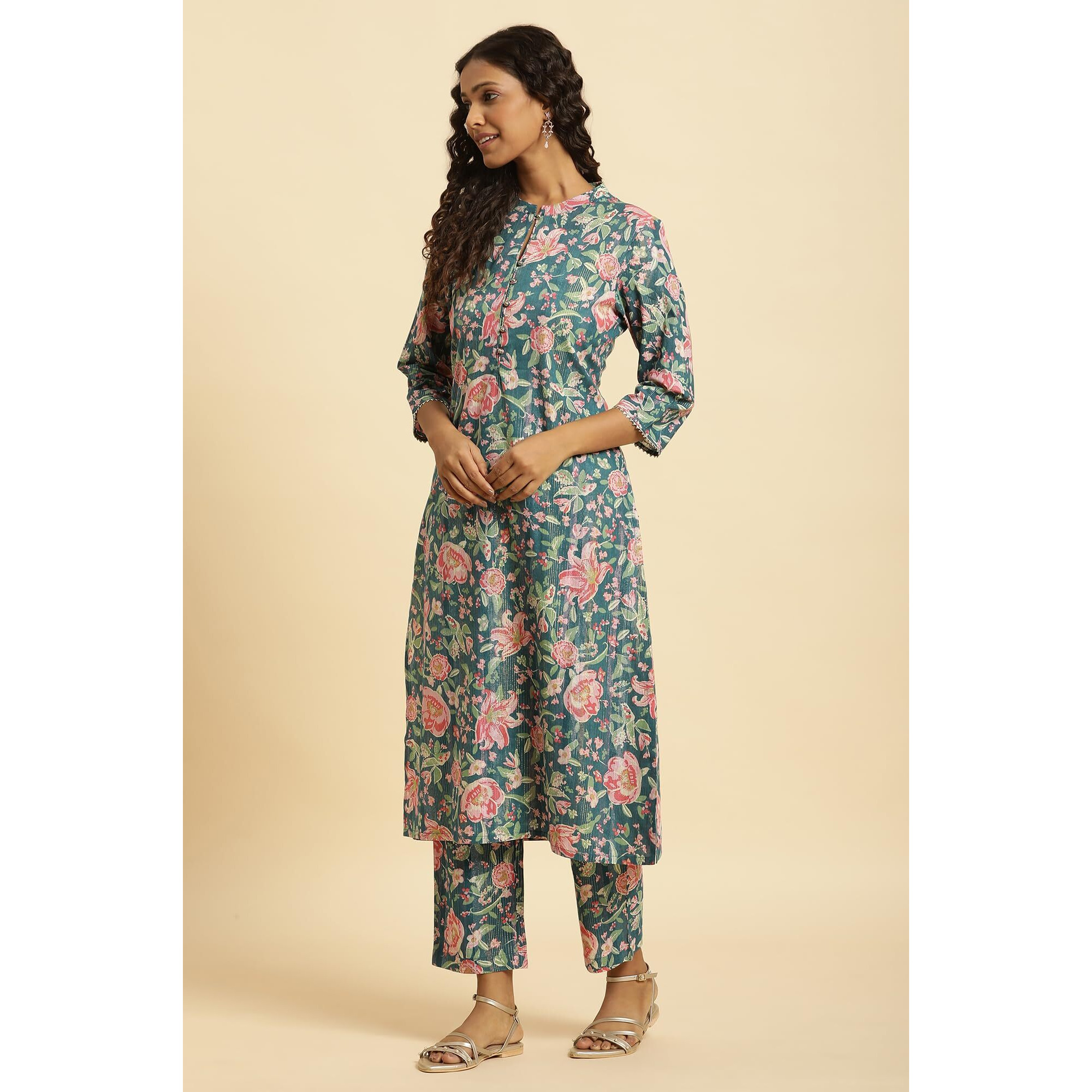 W for Woman Women's Cotton Blend Kurta, Straight Pant & Dupatta (23AUWS10161-122807_Deep Teal Blue