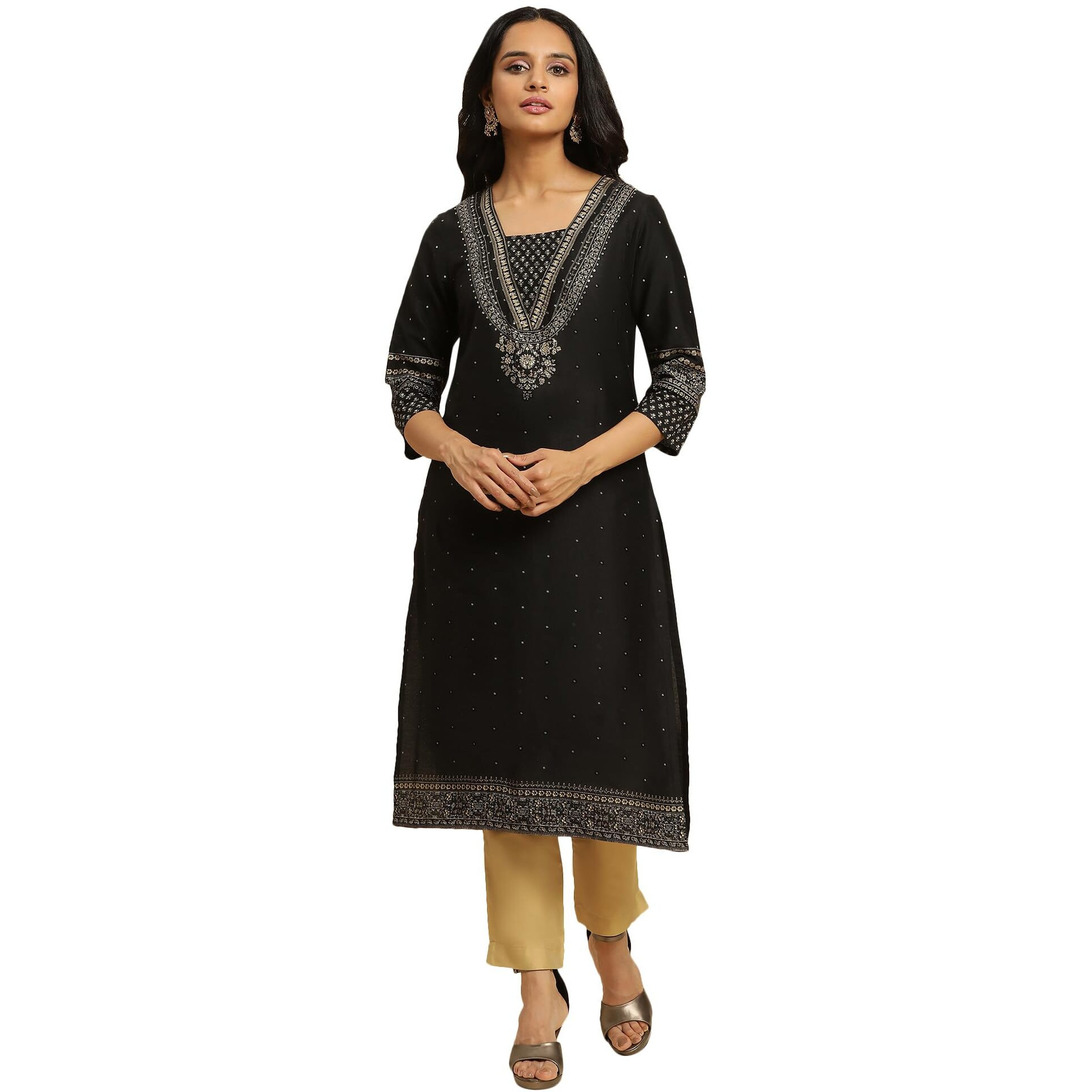 W for Woman Women's Viscose Rayon Solid Regular Kurta (23AUW10286-122896_Black