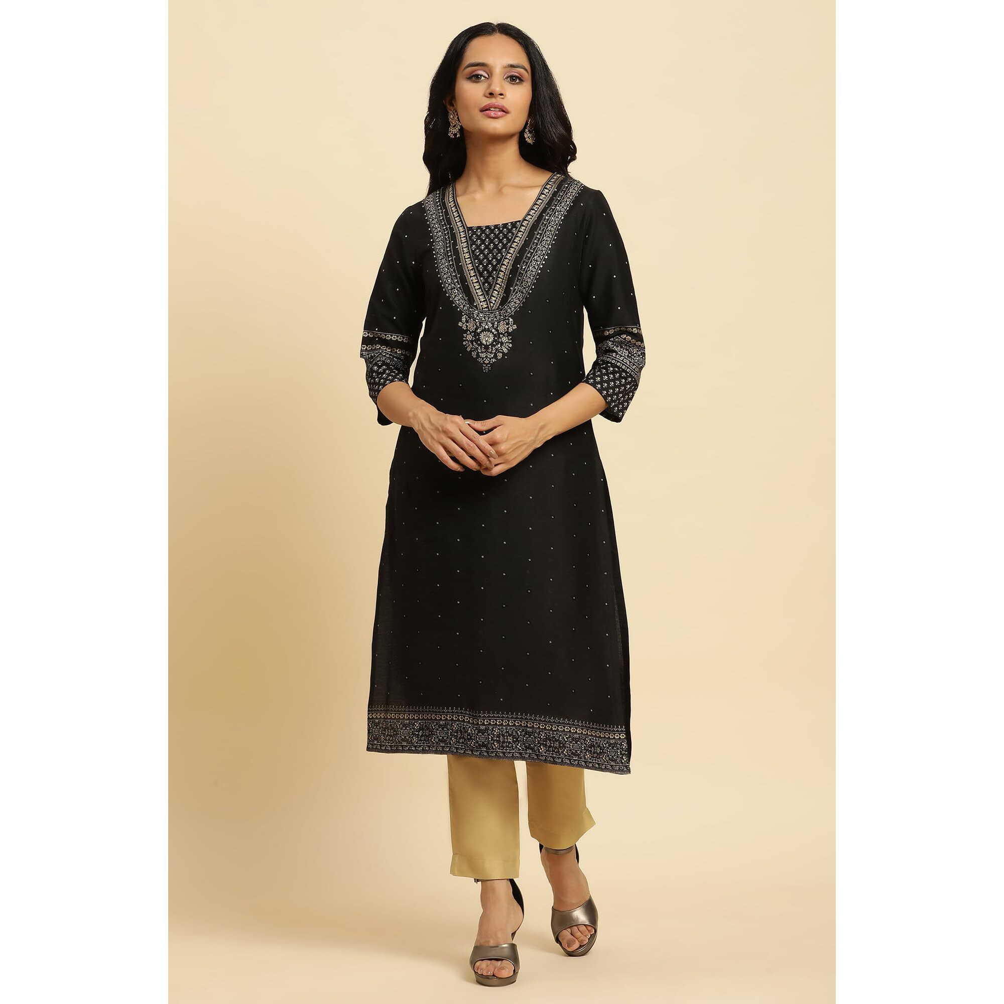 W for Woman Women's Viscose Rayon Solid Regular Kurta (23AUW10286-122896_Black