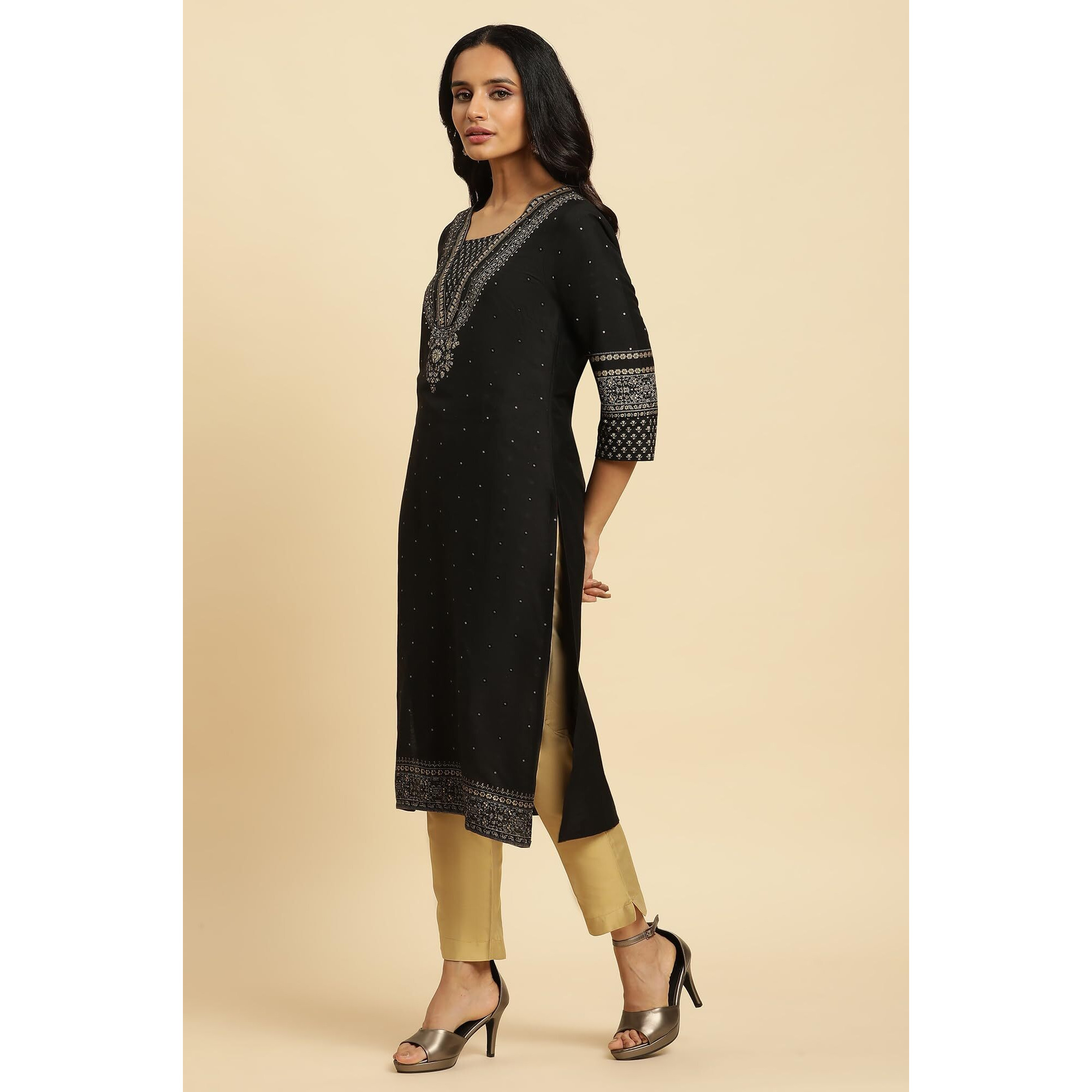 W for Woman Women's Viscose Rayon Solid Regular Kurta (23AUW10286-122896_Black