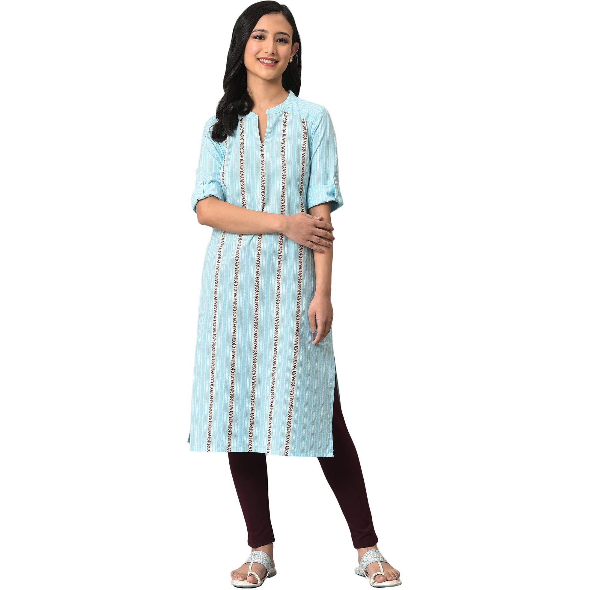 Aurelia Women Blue Cotton Stripes Yarn Dyed Kurta (23AUA14111-703011-M)
