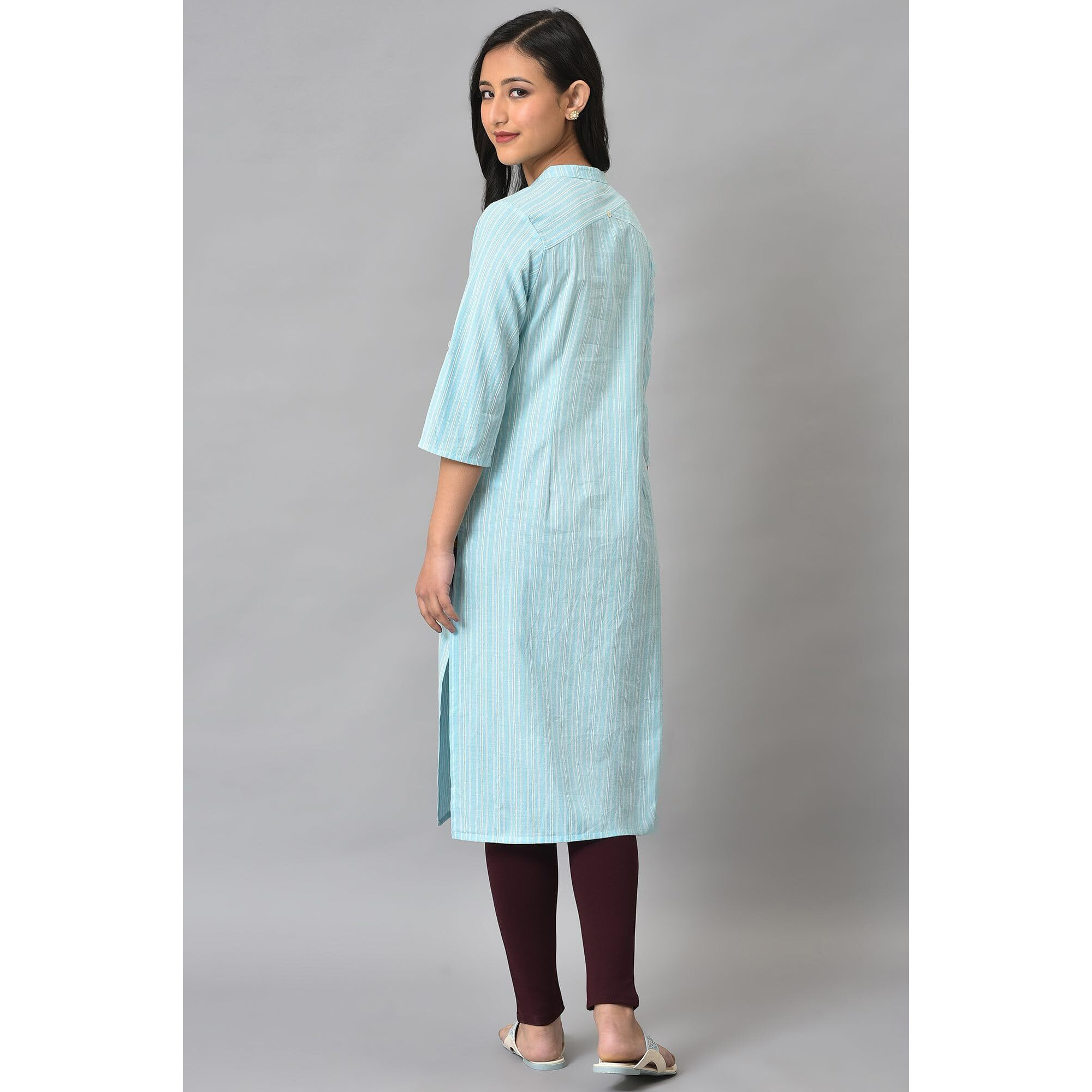 Aurelia Women Blue Cotton Stripes Yarn Dyed Kurta (23AUA14111-703011-M)
