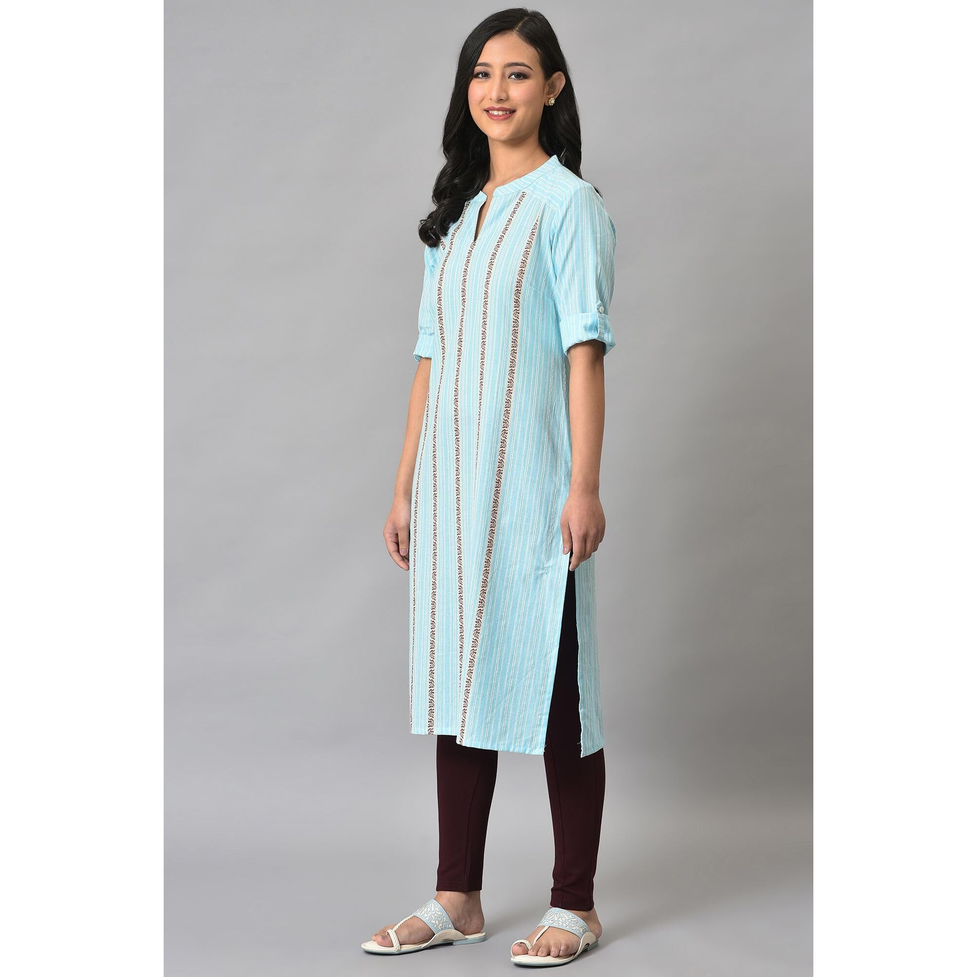 Aurelia Women Blue Cotton Stripes Yarn Dyed Kurta (23AUA14111-703011-M)