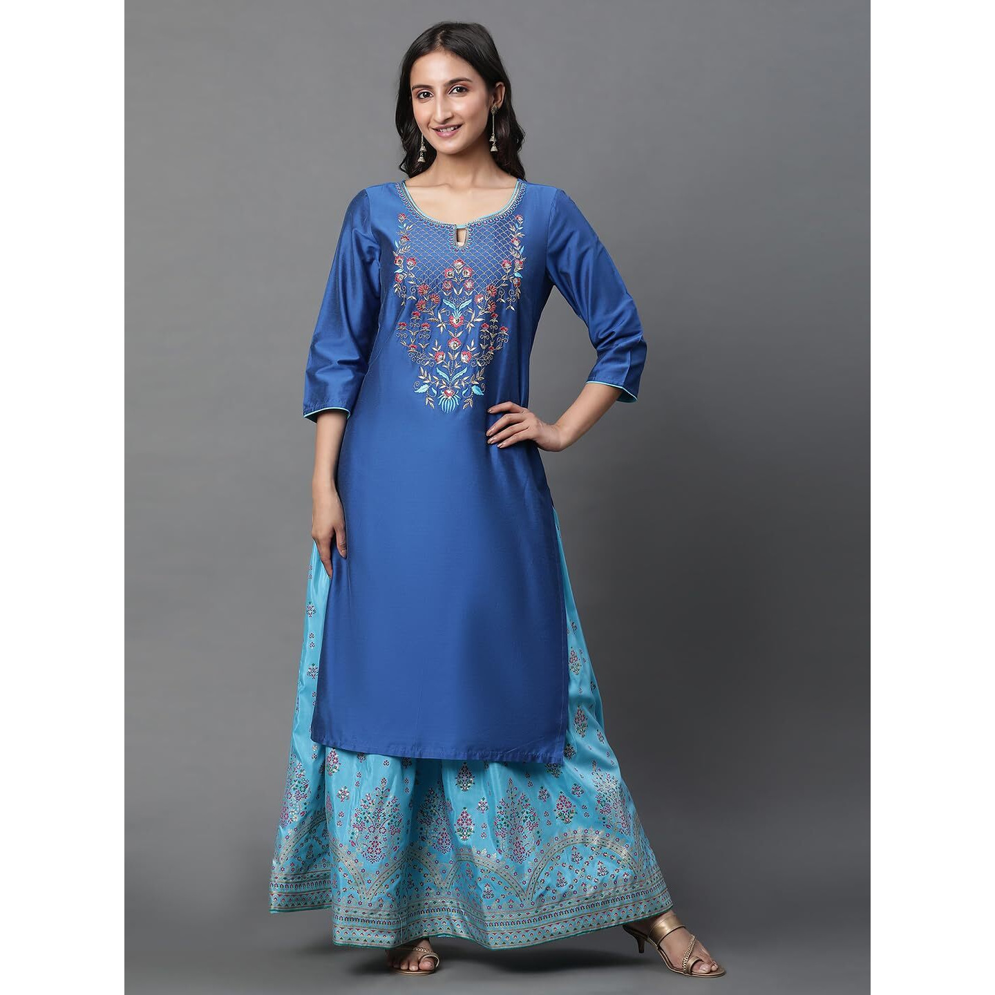 Aurelia Blue Embroidered Zari Sequin Blend Straight Long Kurta