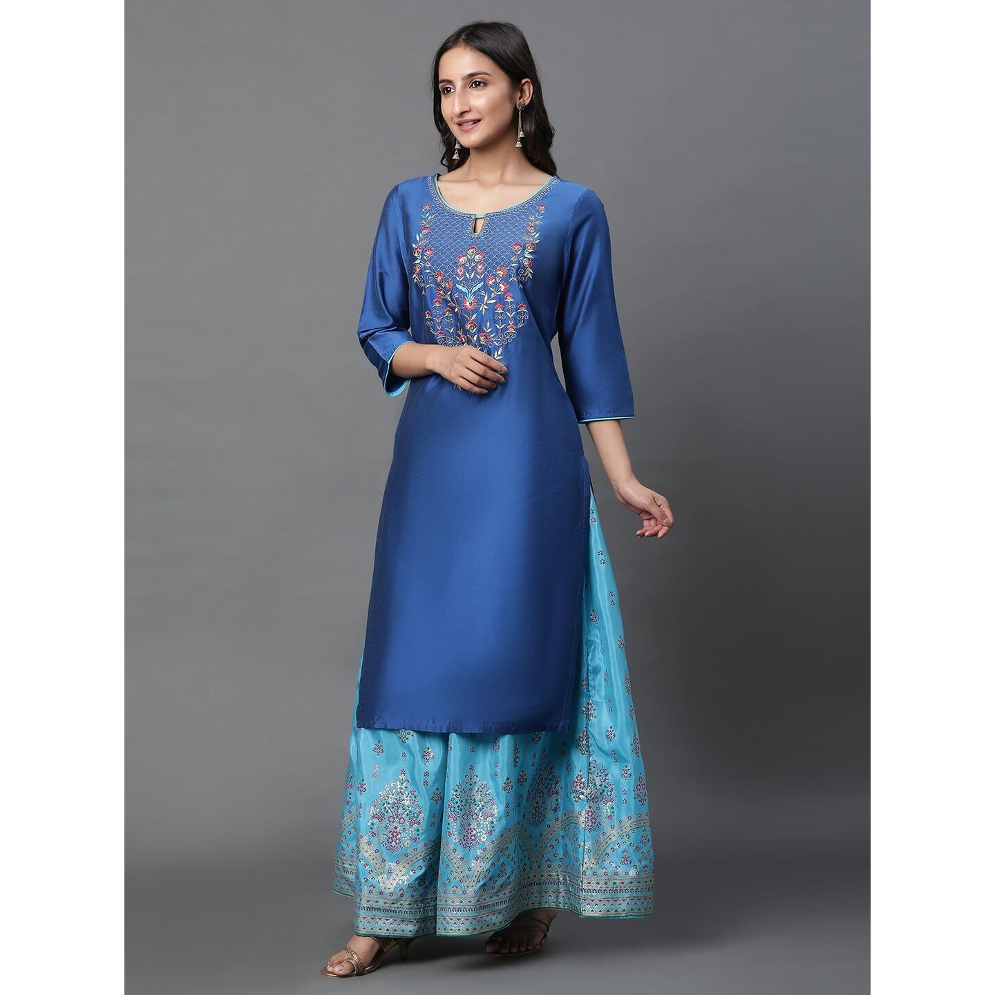 Aurelia Blue Embroidered Zari Sequin Blend Straight Long Kurta