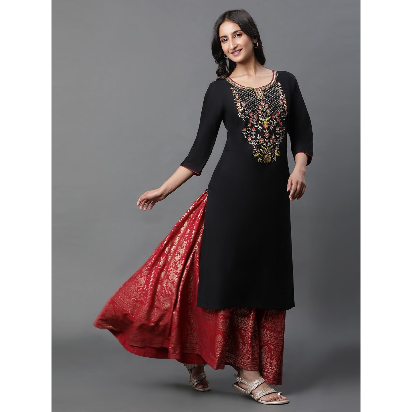 Aurelia Black Embroidered Blend Long Kurta with Sequins