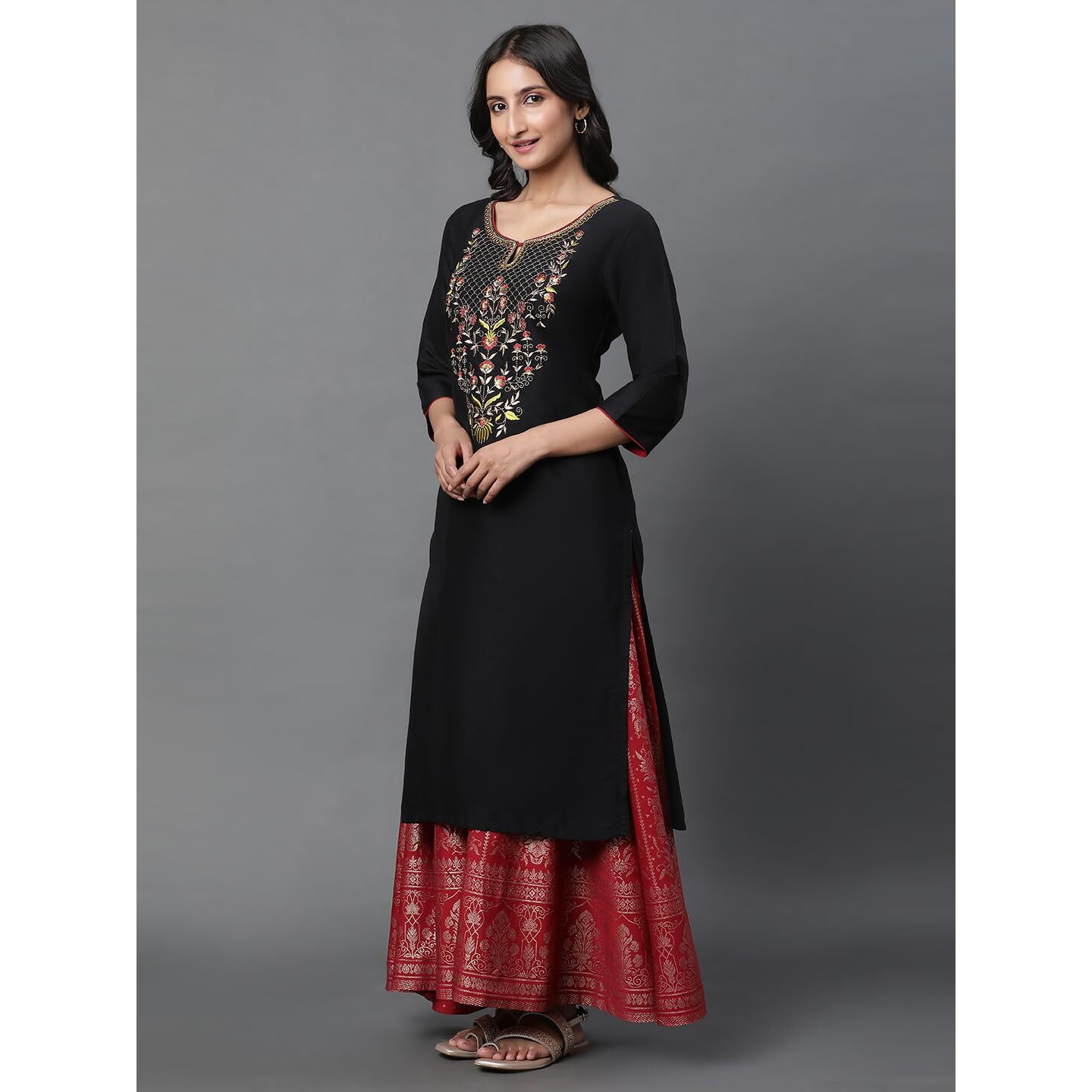 Aurelia Black Embroidered Blend Long Kurta with Sequins