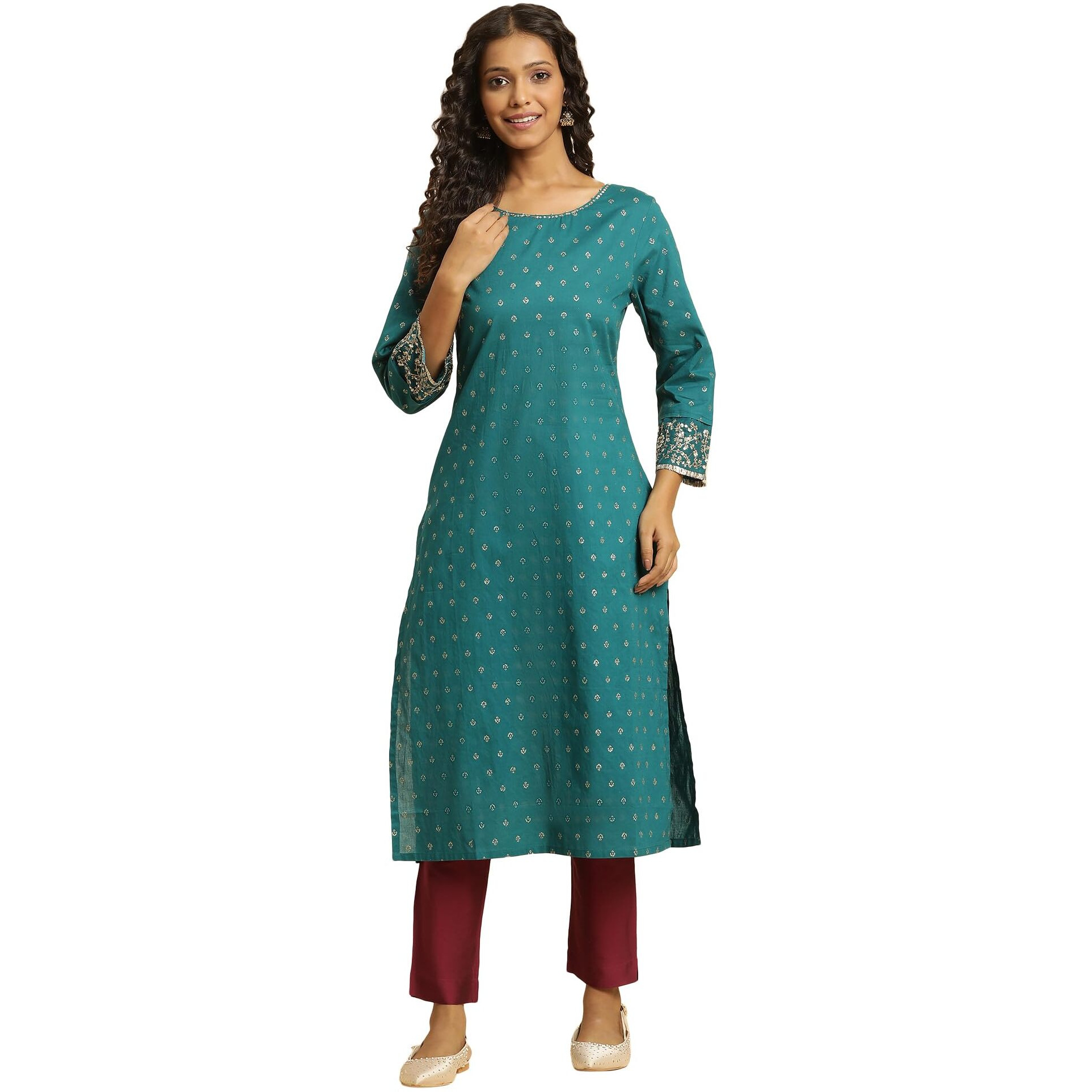 W For Woman Blue Geometric Printed Cotton Long Kurta with Zari