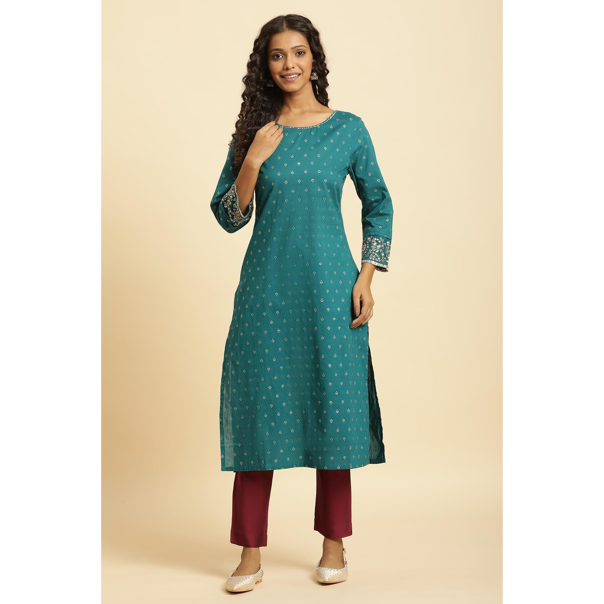 W For Woman Blue Geometric Printed Cotton Long Kurta with Zari