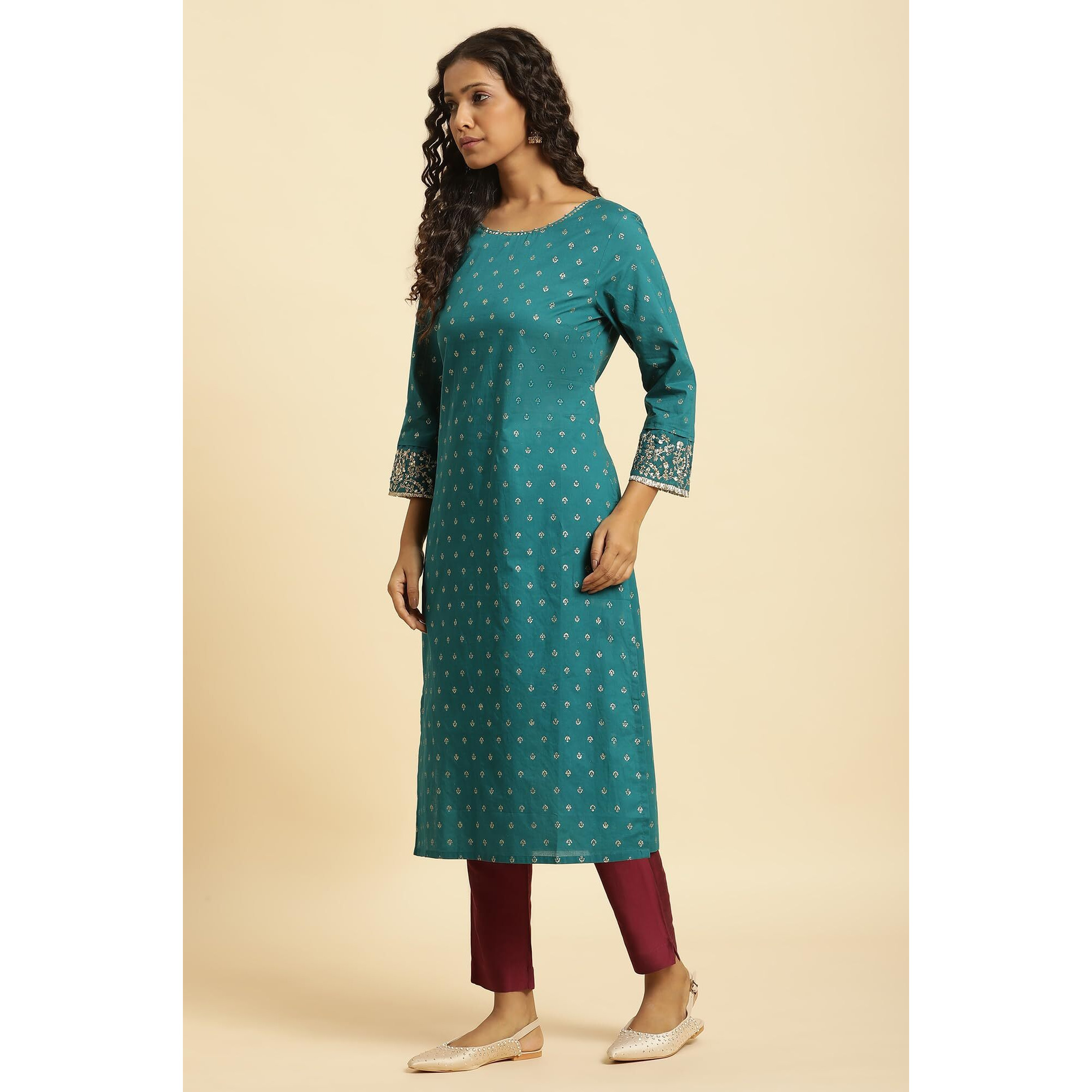W For Woman Blue Geometric Printed Cotton Long Kurta with Zari