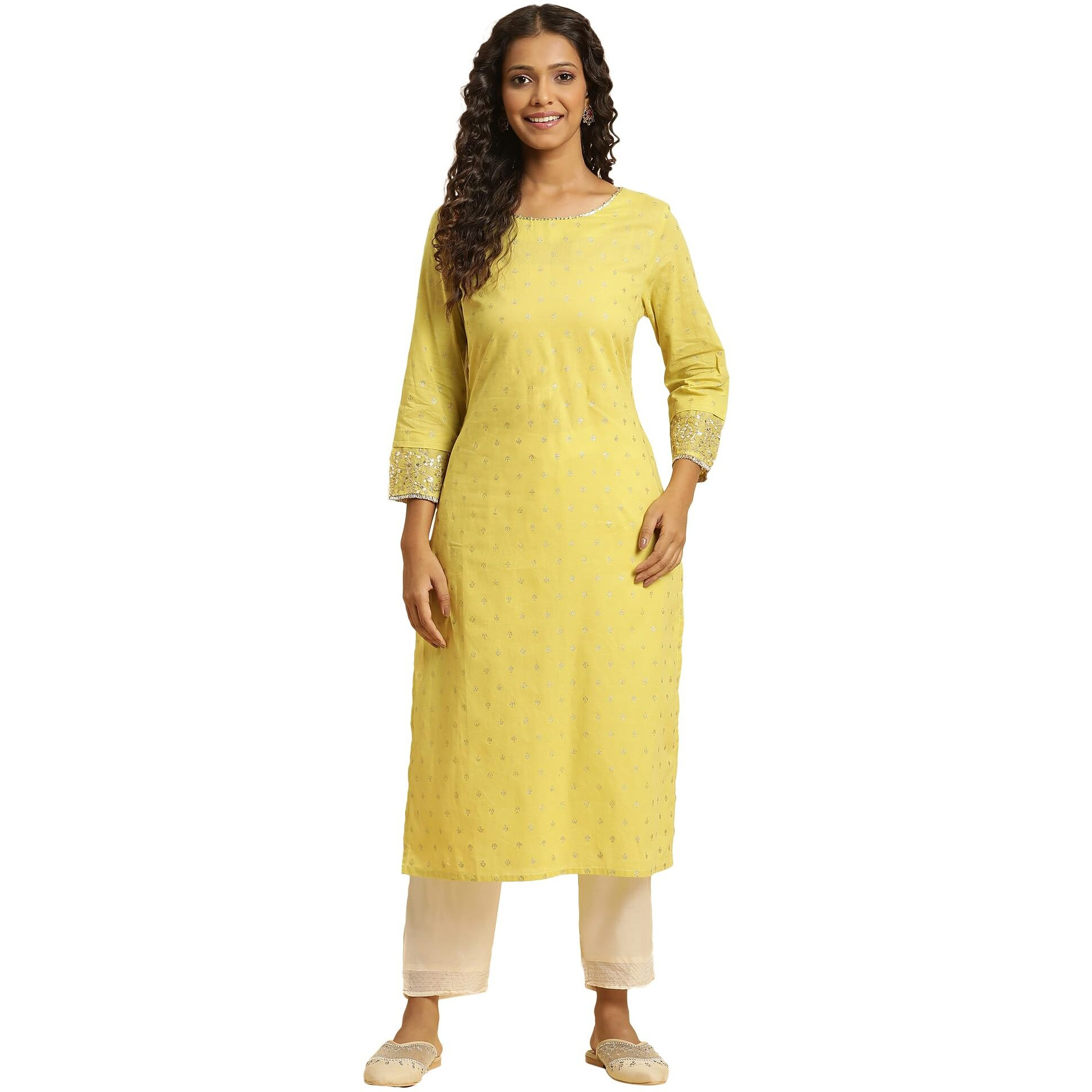 W For Woman Yellow Geometric Printed Cotton Straight Long Glitter Zari Kurta