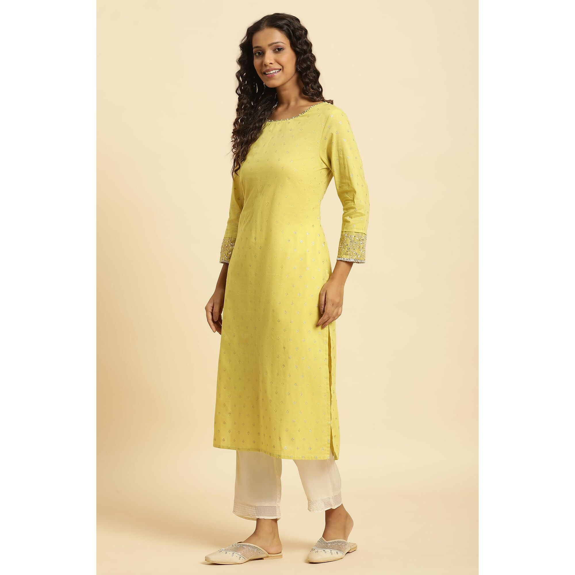 W For Woman Yellow Geometric Printed Cotton Straight Long Glitter Zari Kurta