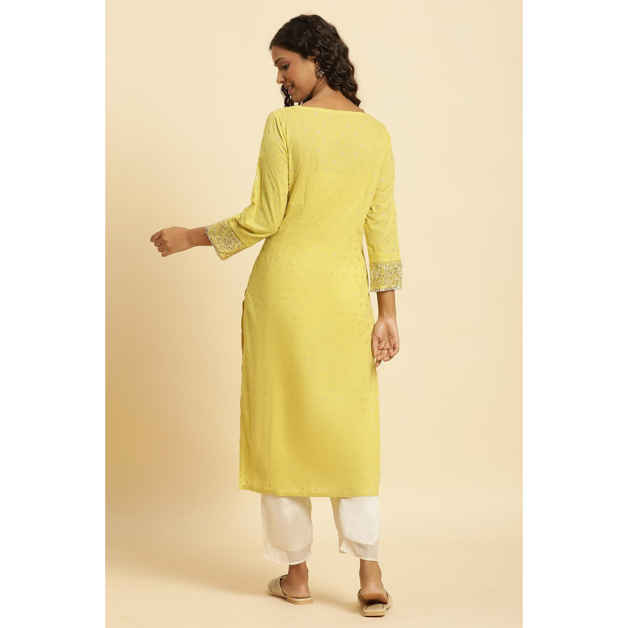 W For Woman Yellow Geometric Printed Cotton Straight Long Glitter Zari Kurta