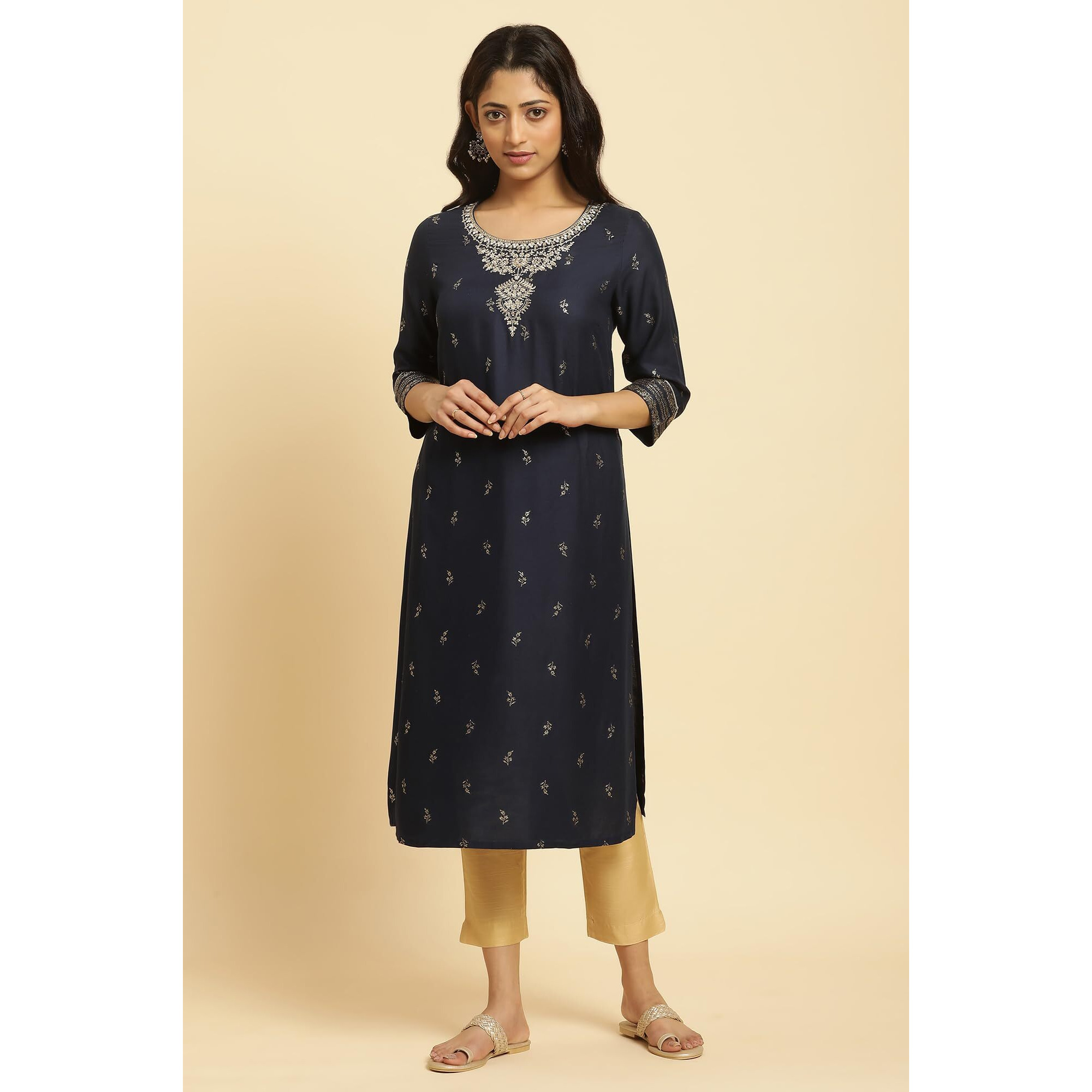 W For Woman Blue Floral Printed Straight-Long Kurta with Metallic Embroidery