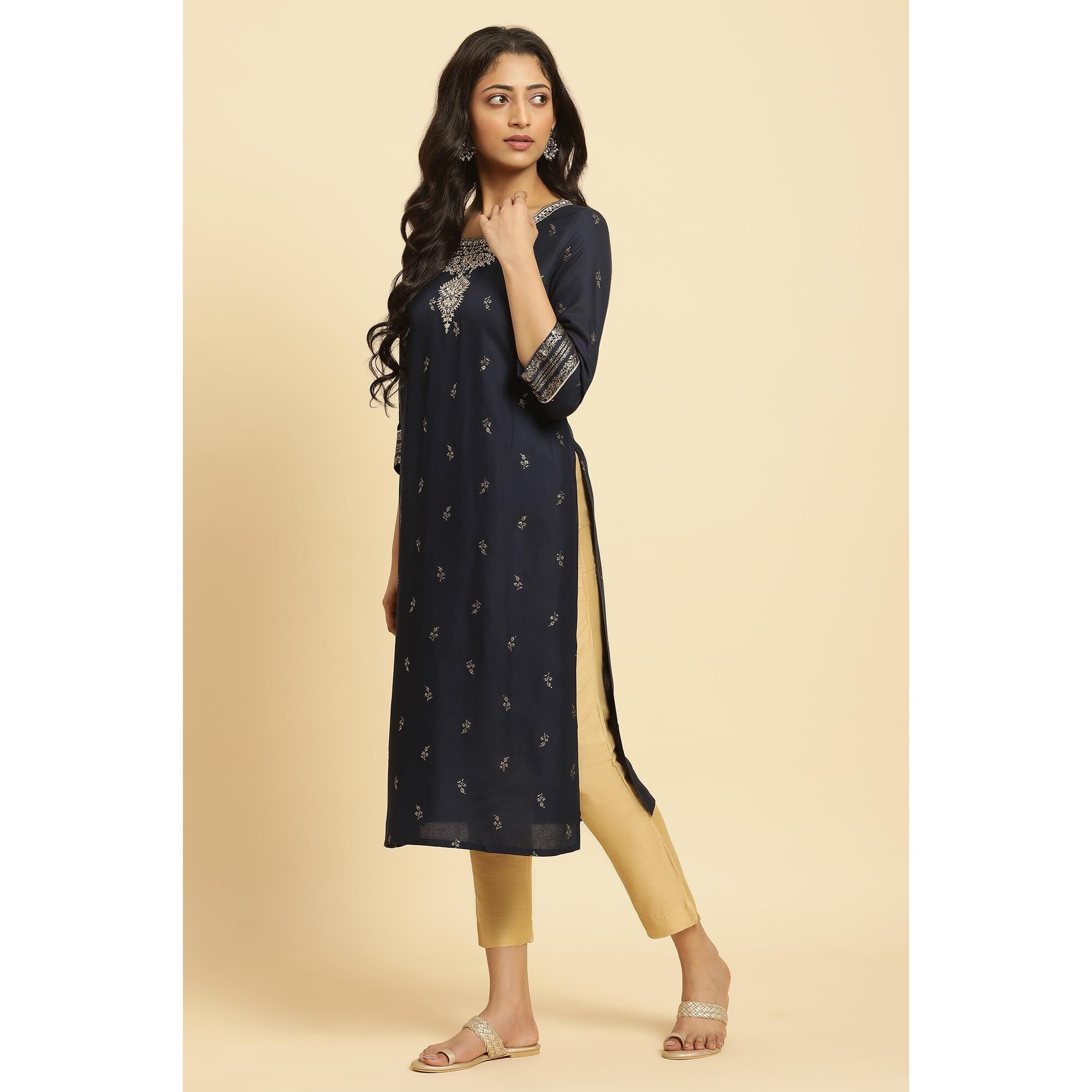 W For Woman Blue Floral Printed Straight-Long Kurta with Metallic Embroidery