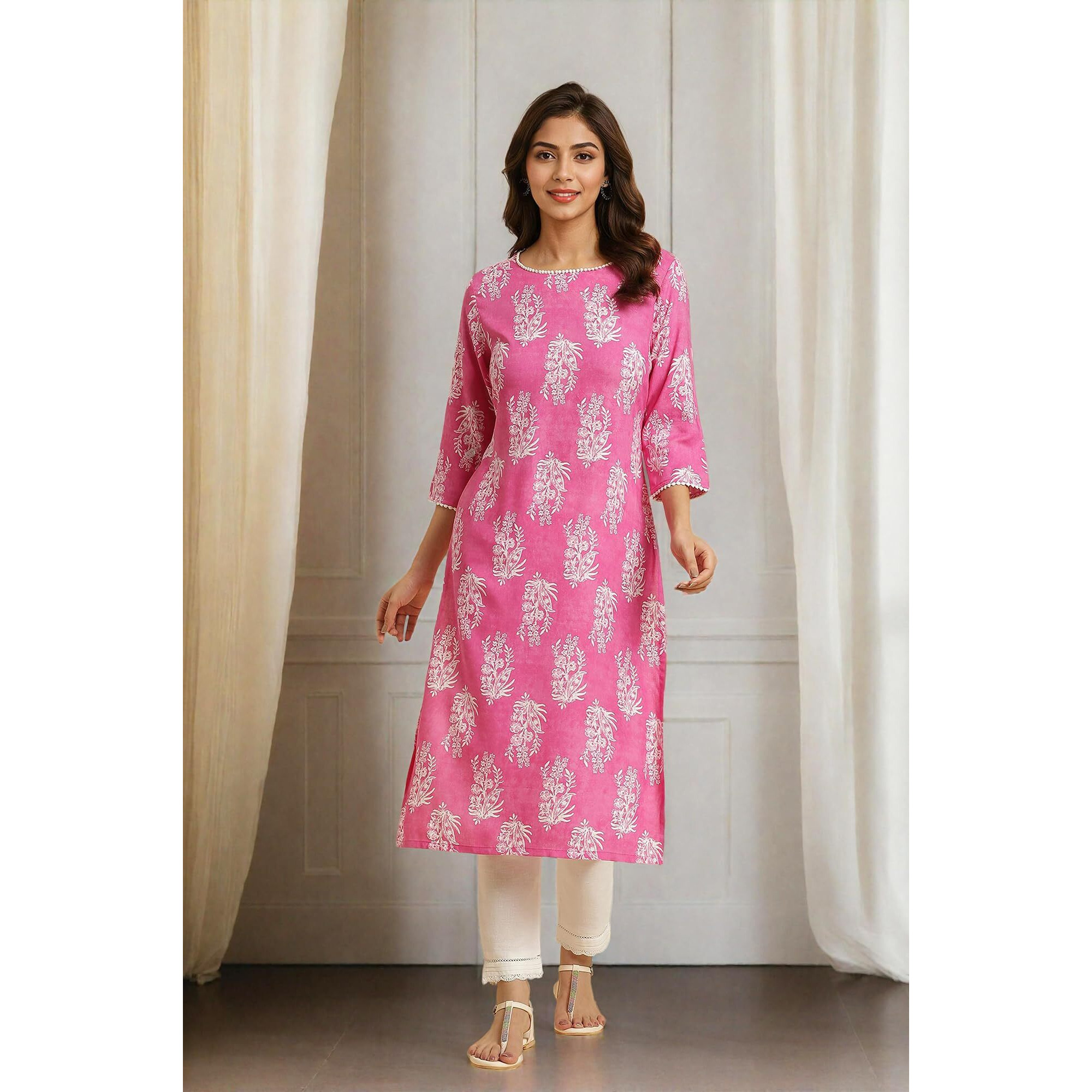 W Pink Floral Printed Rayon Straight Long Kurta for Women