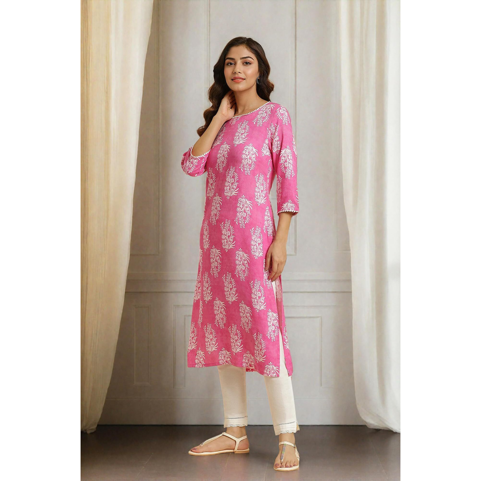 W Pink Floral Printed Rayon Straight Long Kurta for Women