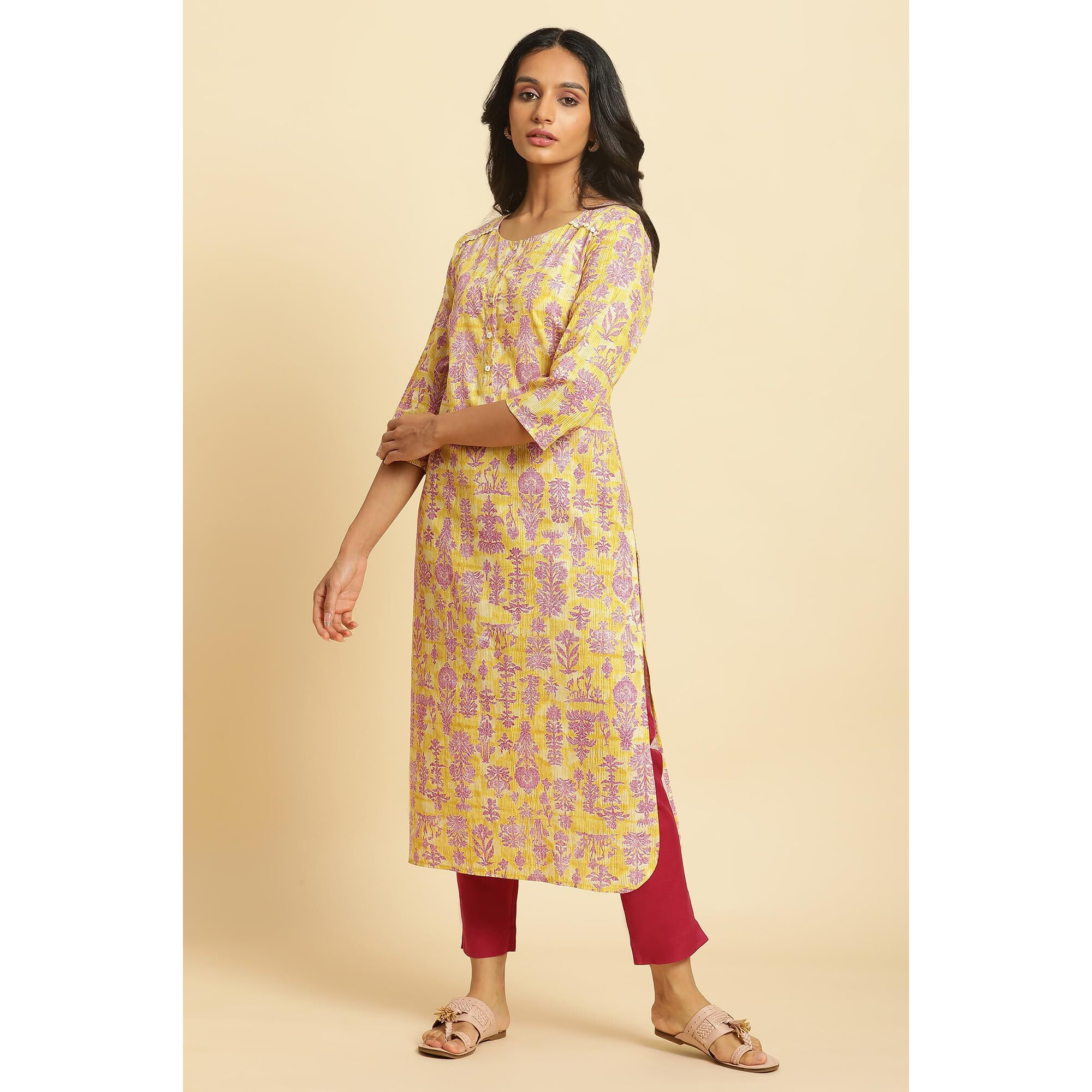 W For Woman Yellow Floral Printed Cotton Straight Long Kurta with Lace