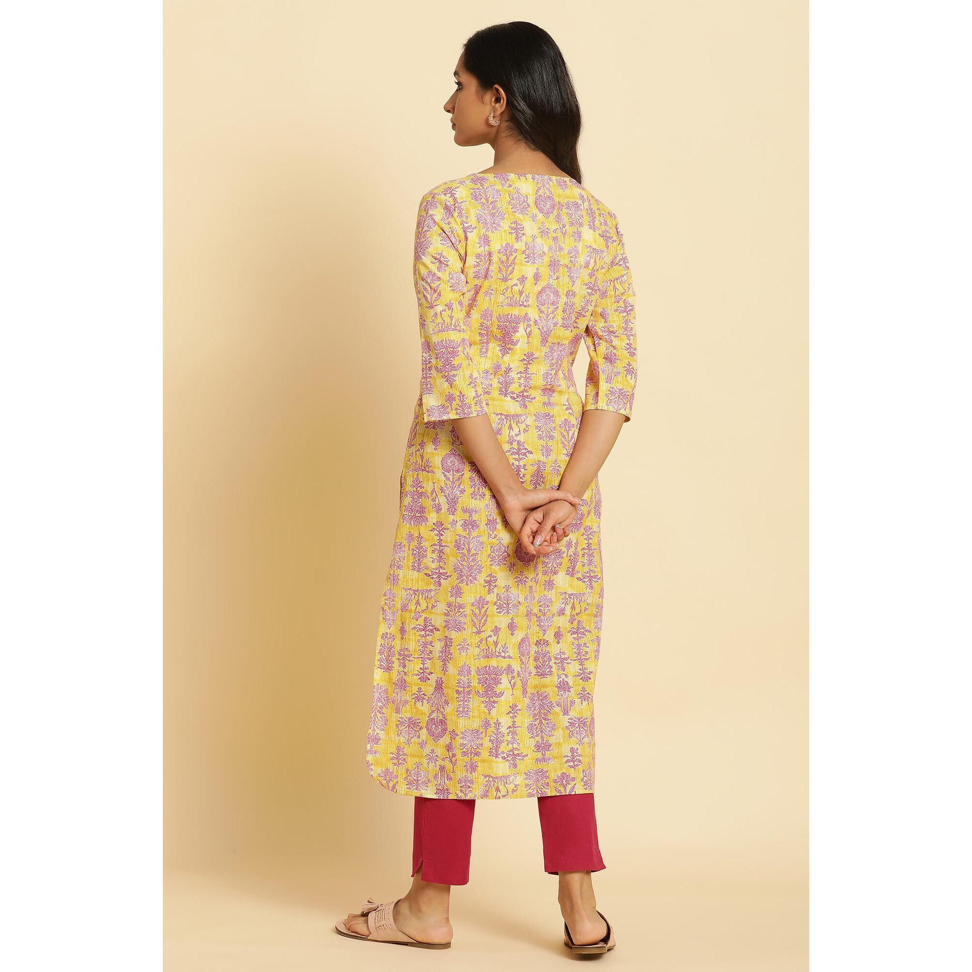 W For Woman Yellow Floral Printed Cotton Straight Long Kurta with Lace