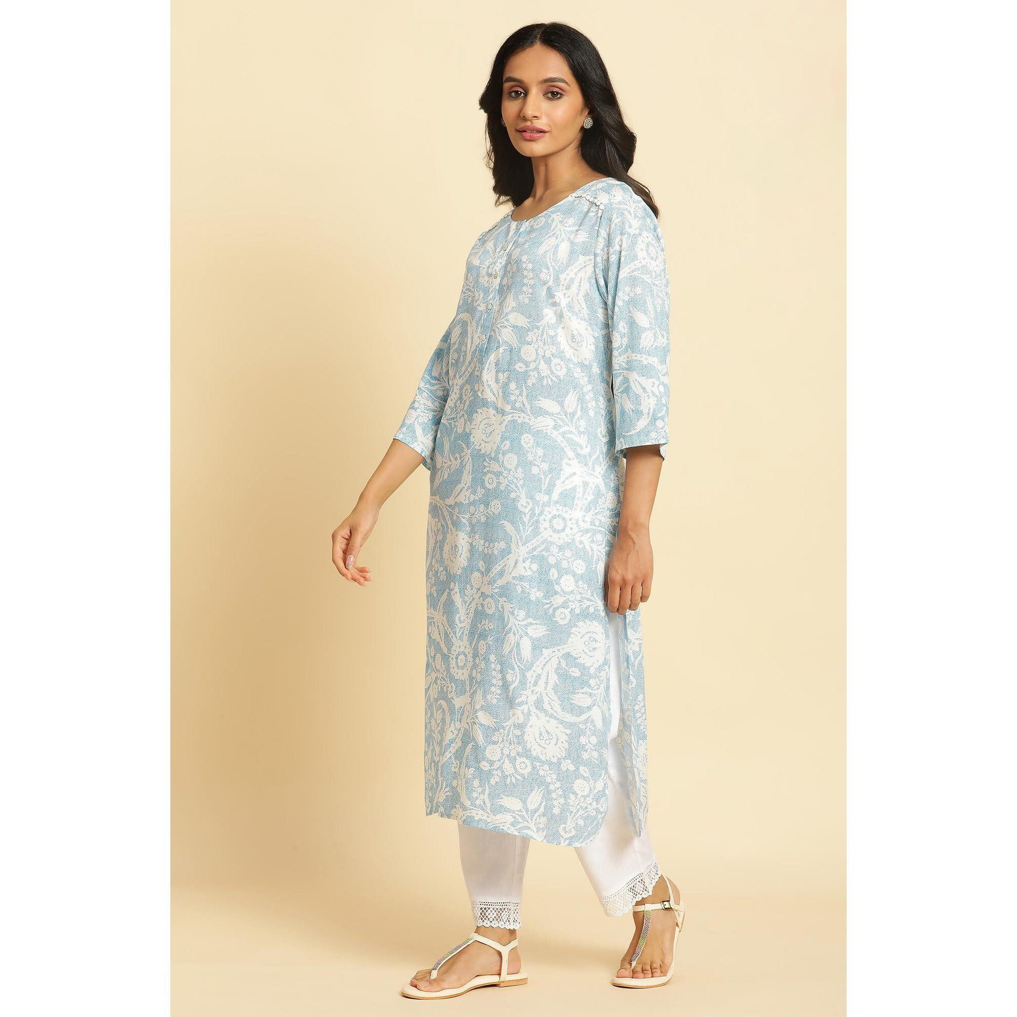 W Blue Floral Printed Cotton Straight Long Lace Kurta for Women