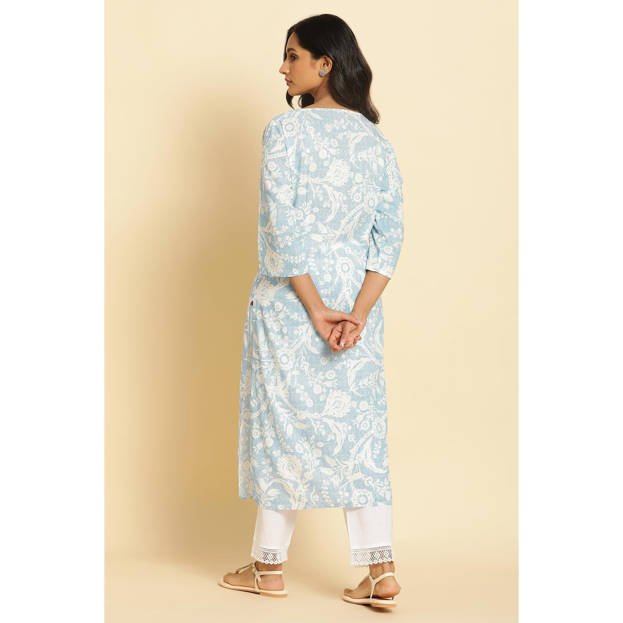 W Blue Floral Printed Cotton Straight Long Lace Kurta for Women