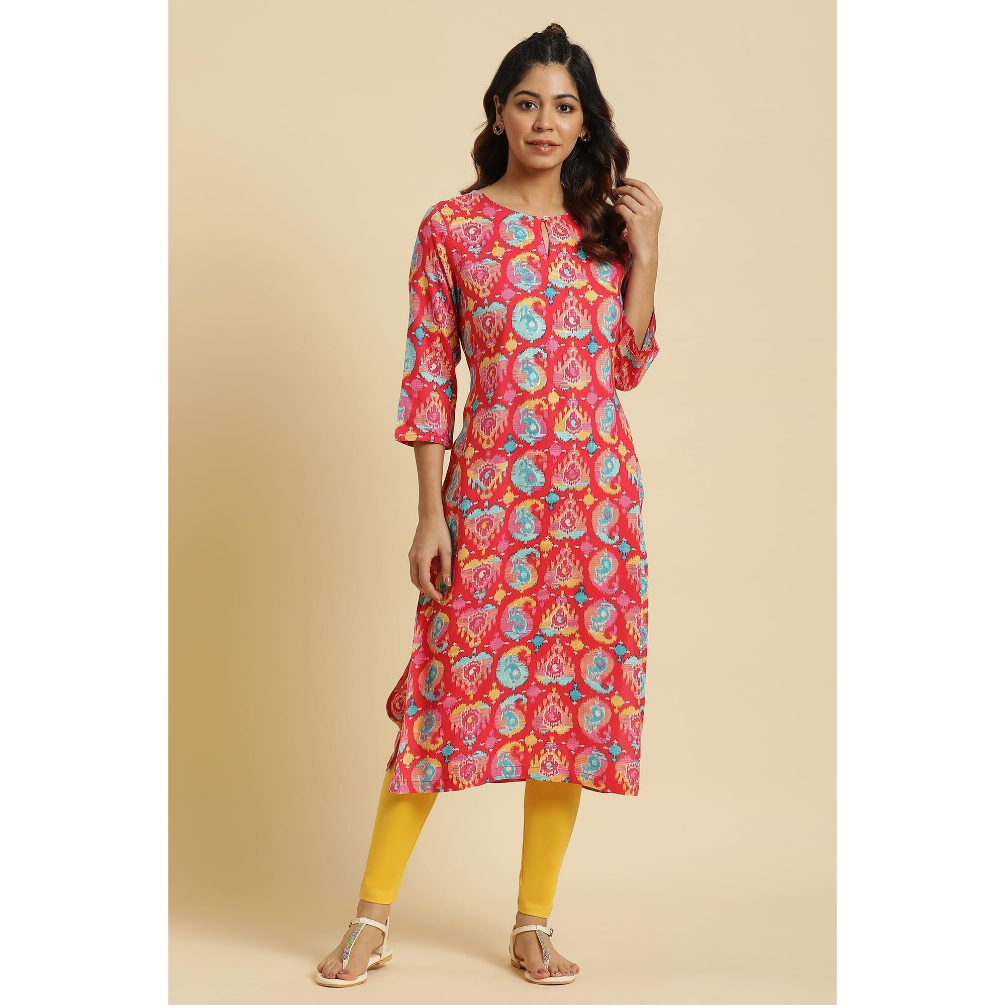W Red Paisley Printed Rayon Straight Long Kurta for Women