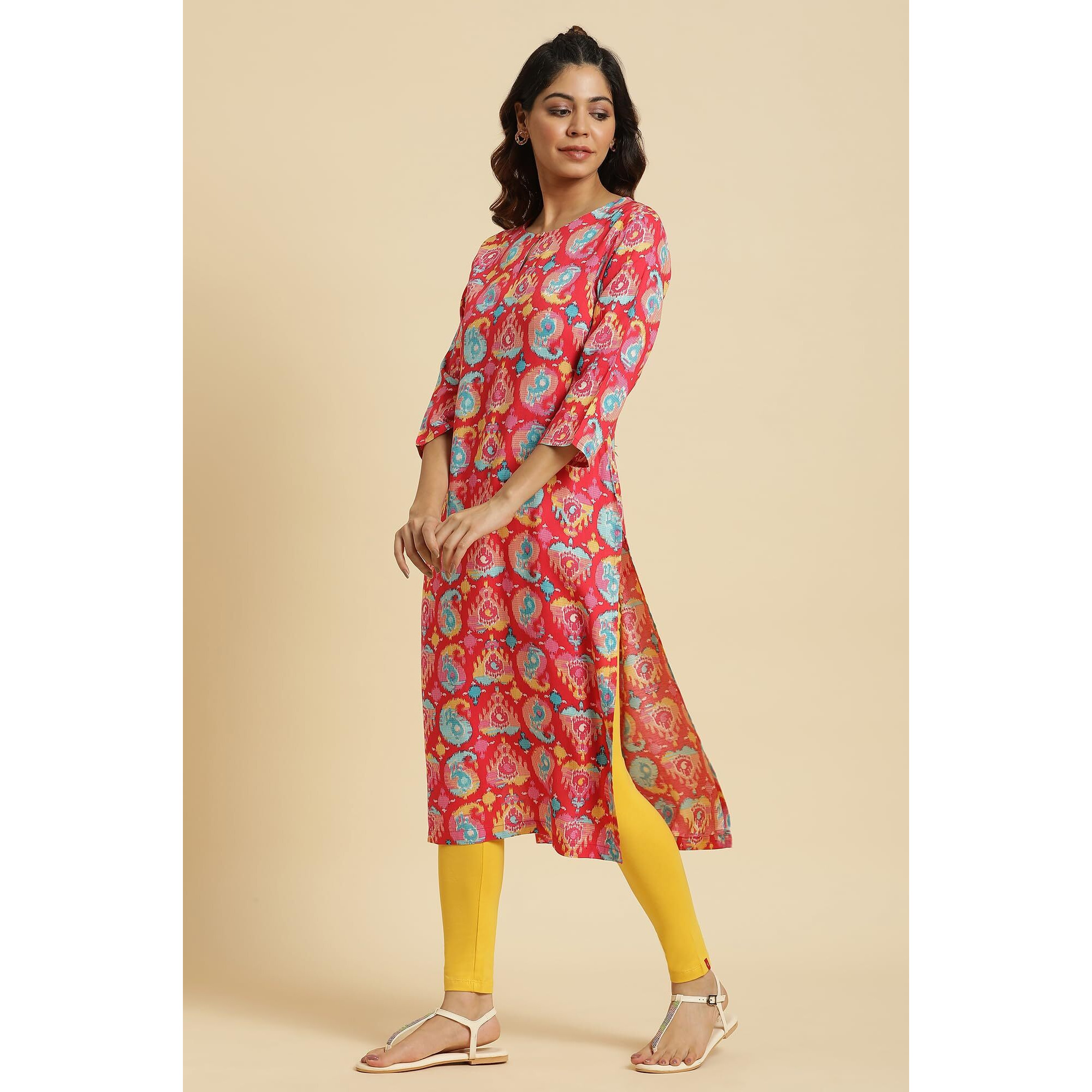 W Red Paisley Printed Rayon Straight Long Kurta for Women