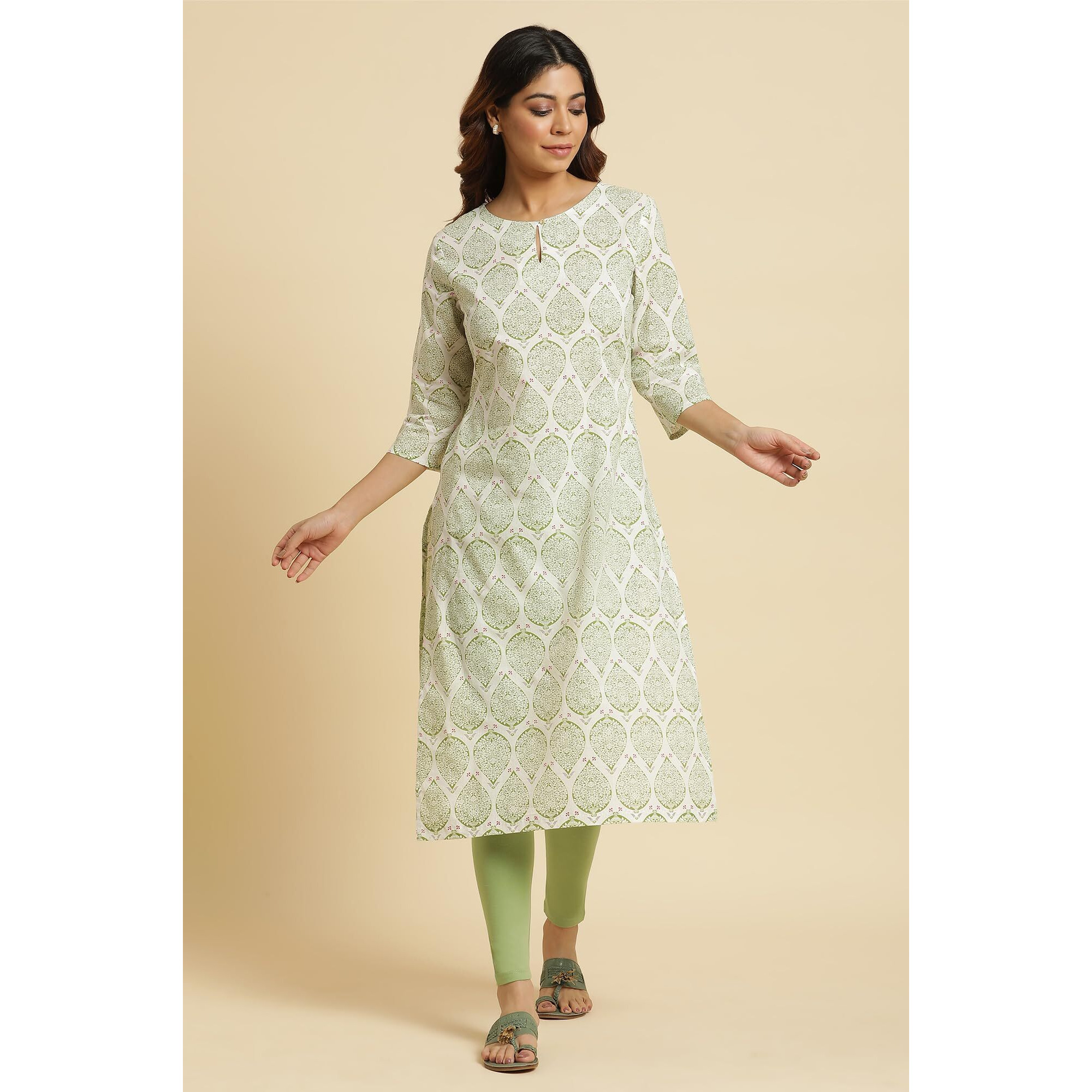 W Ecru Paisley Printed Print Cotton Straight Long Kurta for Women