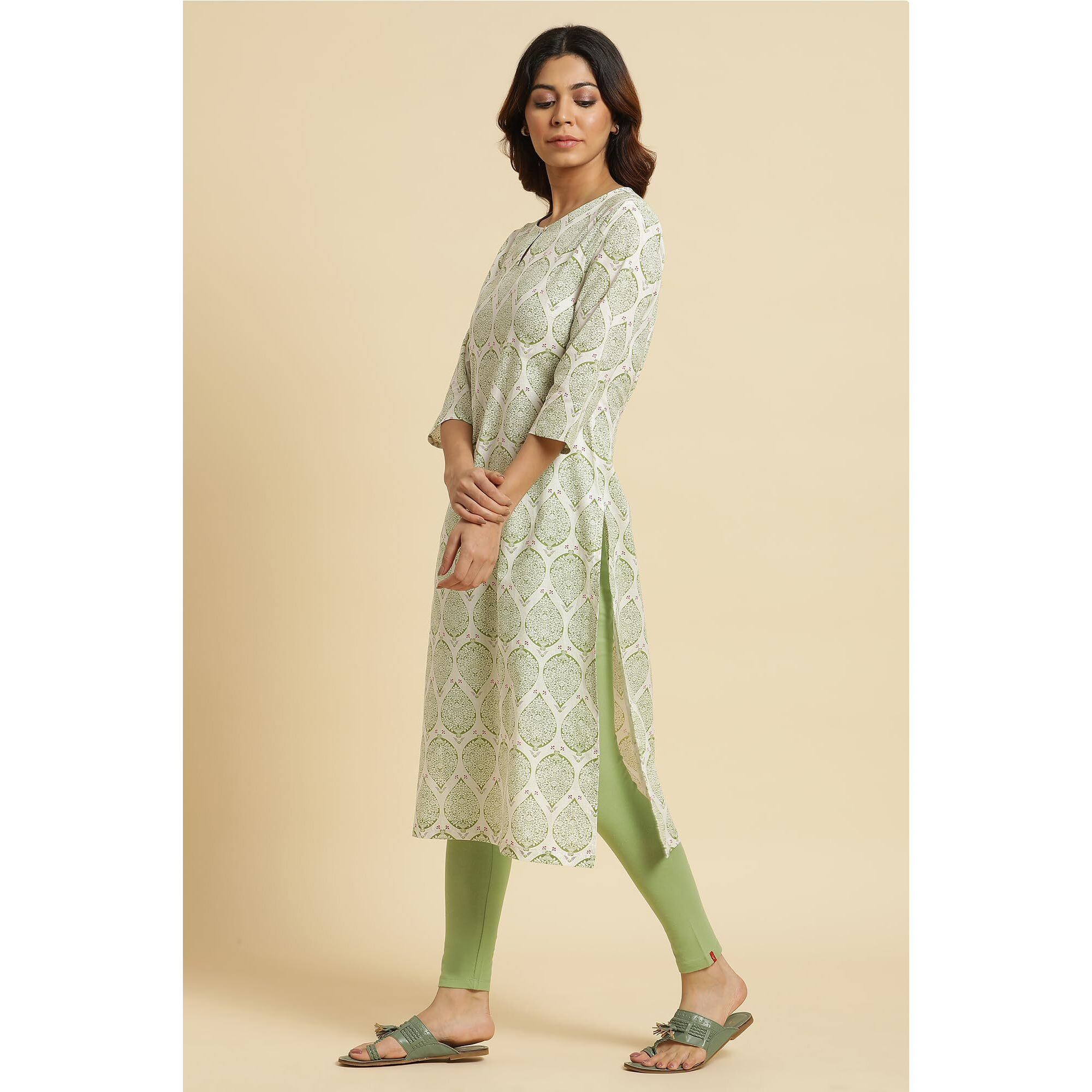 W Ecru Paisley Printed Print Cotton Straight Long Kurta for Women