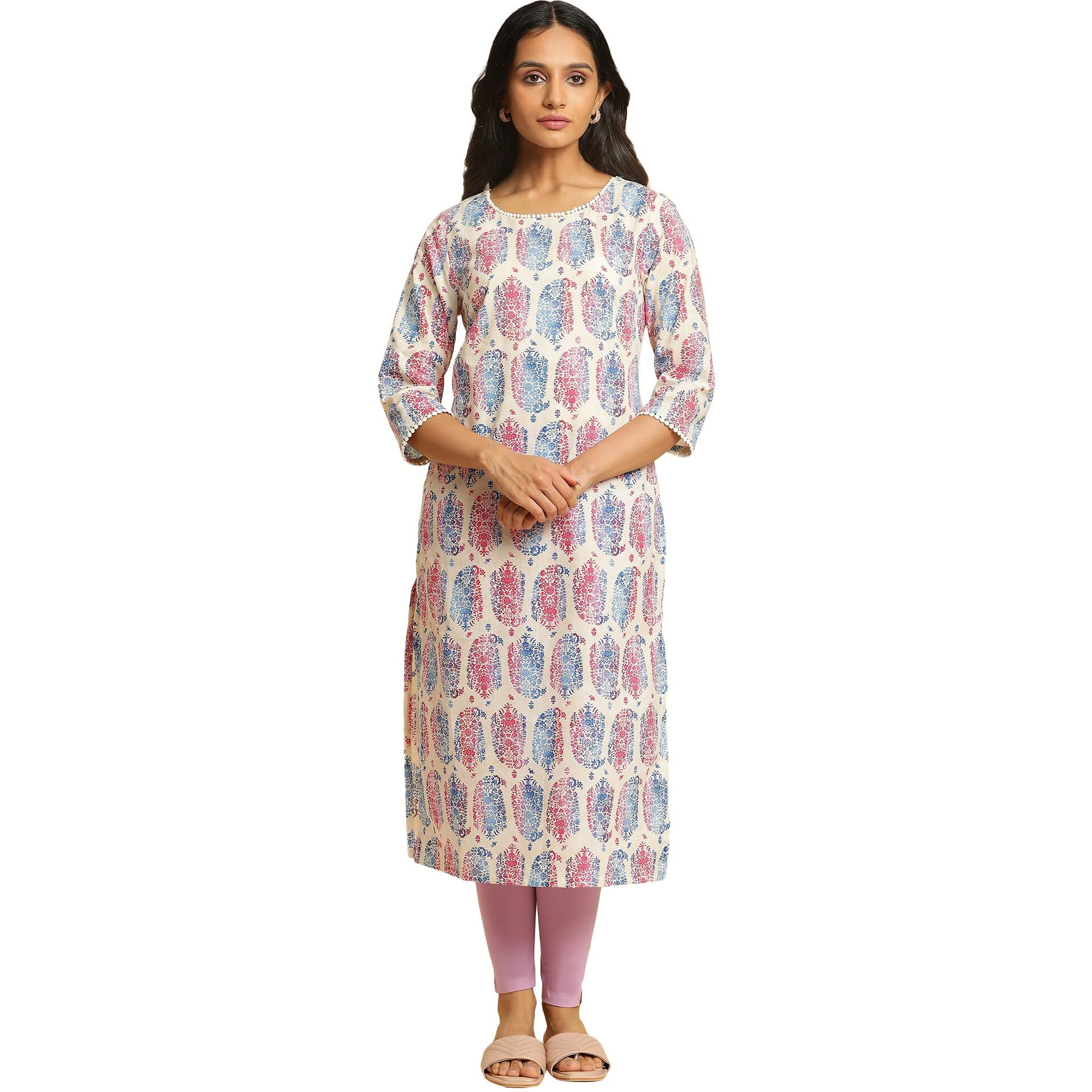 W Ecru Paisley Printed Cotton Straight-Long Kurta for Women
