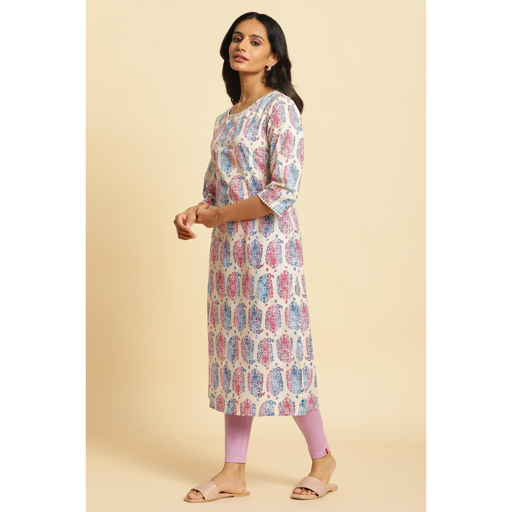 W Ecru Paisley Printed Cotton Straight-Long Kurta for Women