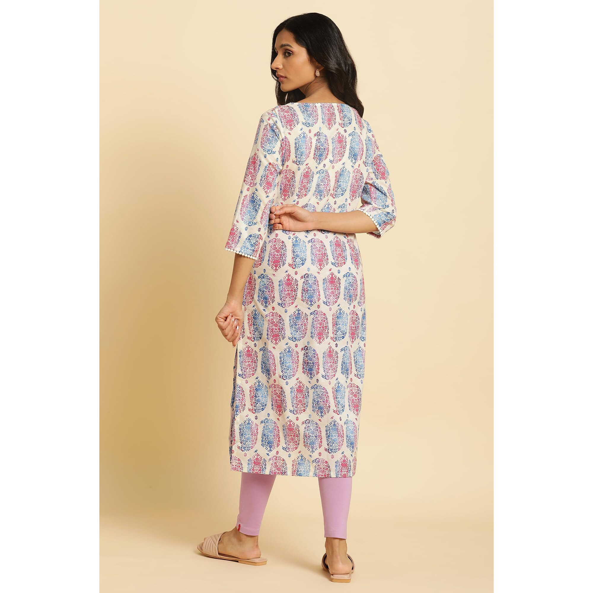 W Ecru Paisley Printed Cotton Straight-Long Kurta for Women