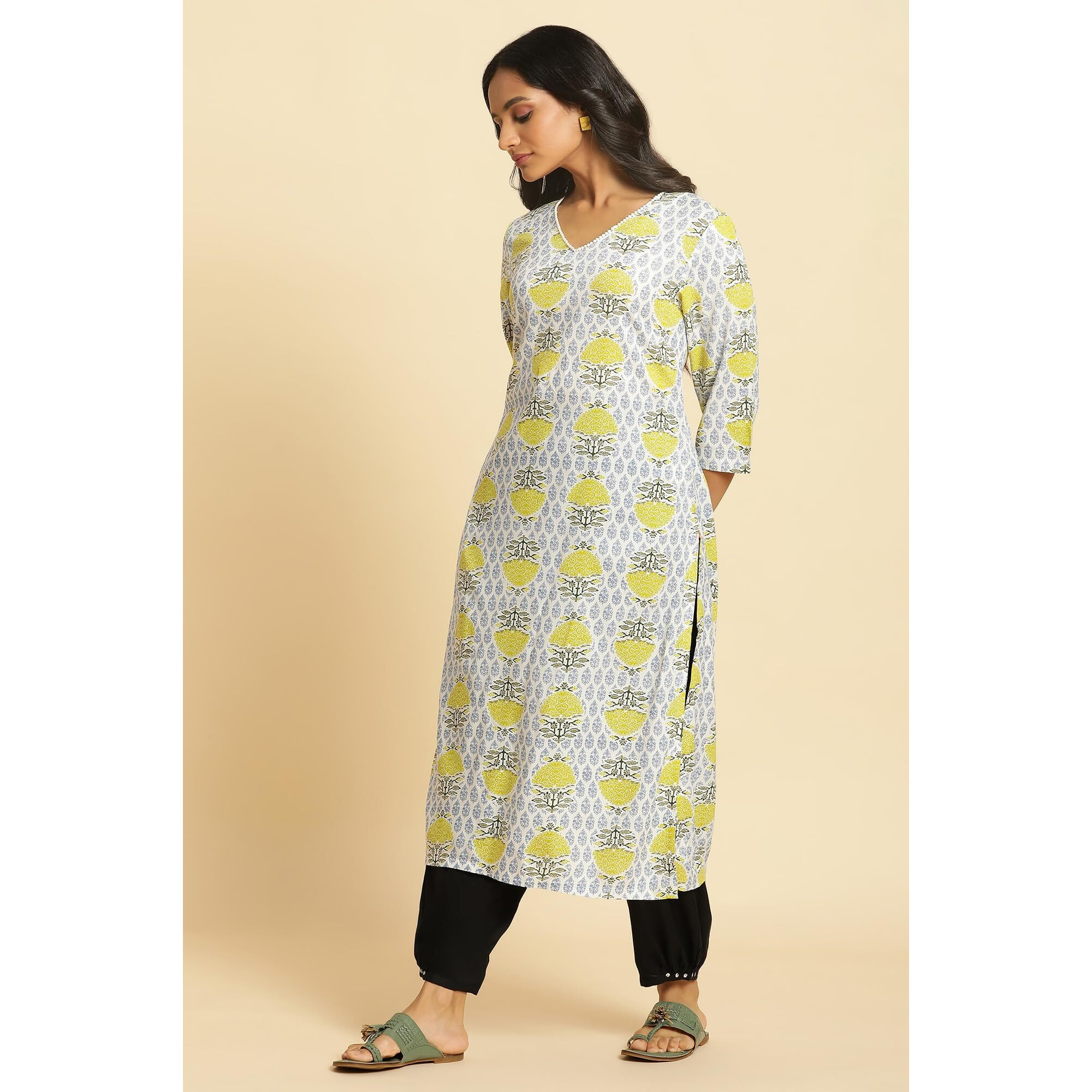 W for Woman Women's Rayon Floral Regular Kurta (23AUW10257-122852_Ecru