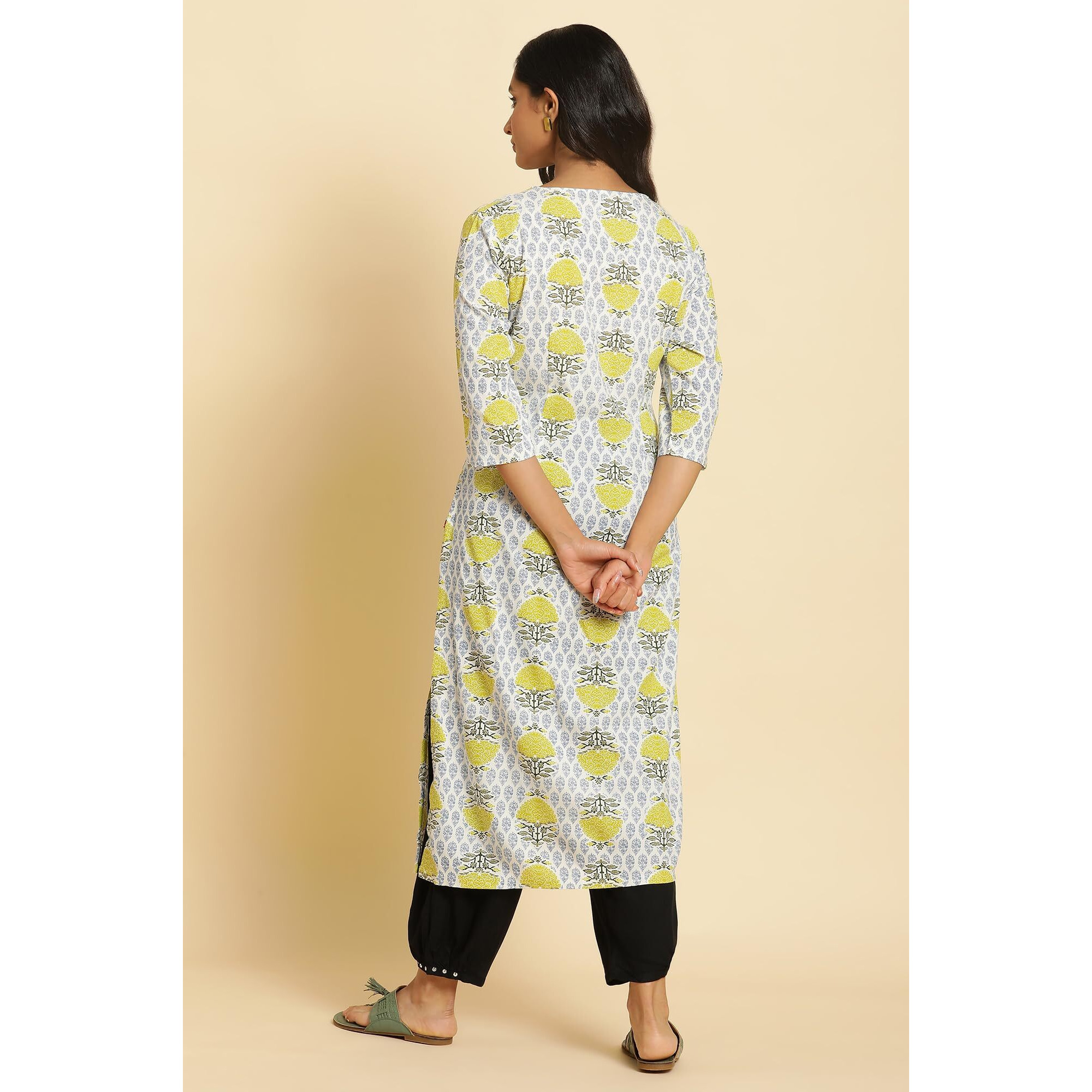 W for Woman Women's Rayon Floral Regular Kurta (23AUW10257-122852_Ecru