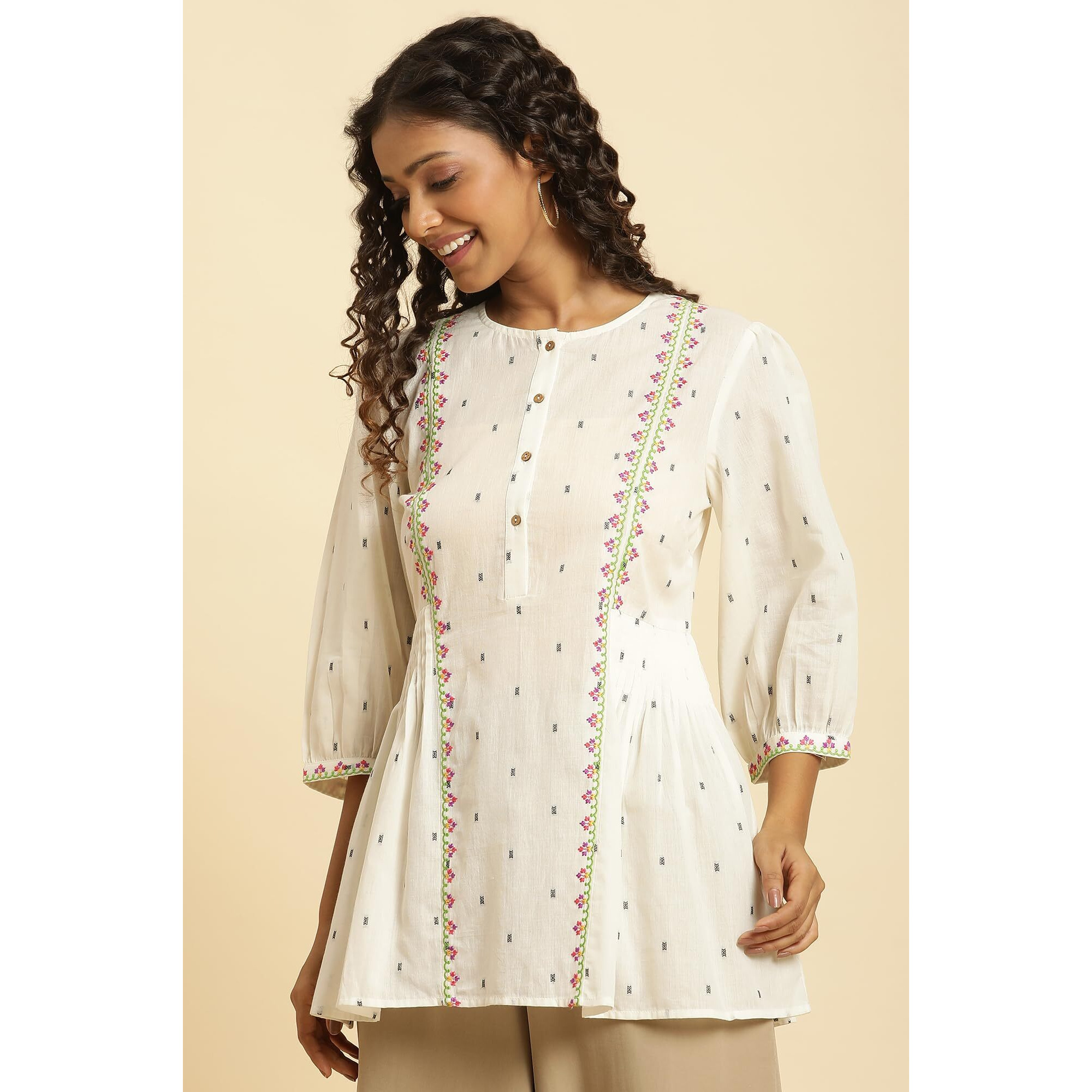 W Off White Embroidered Cotton Tunic Top for Women