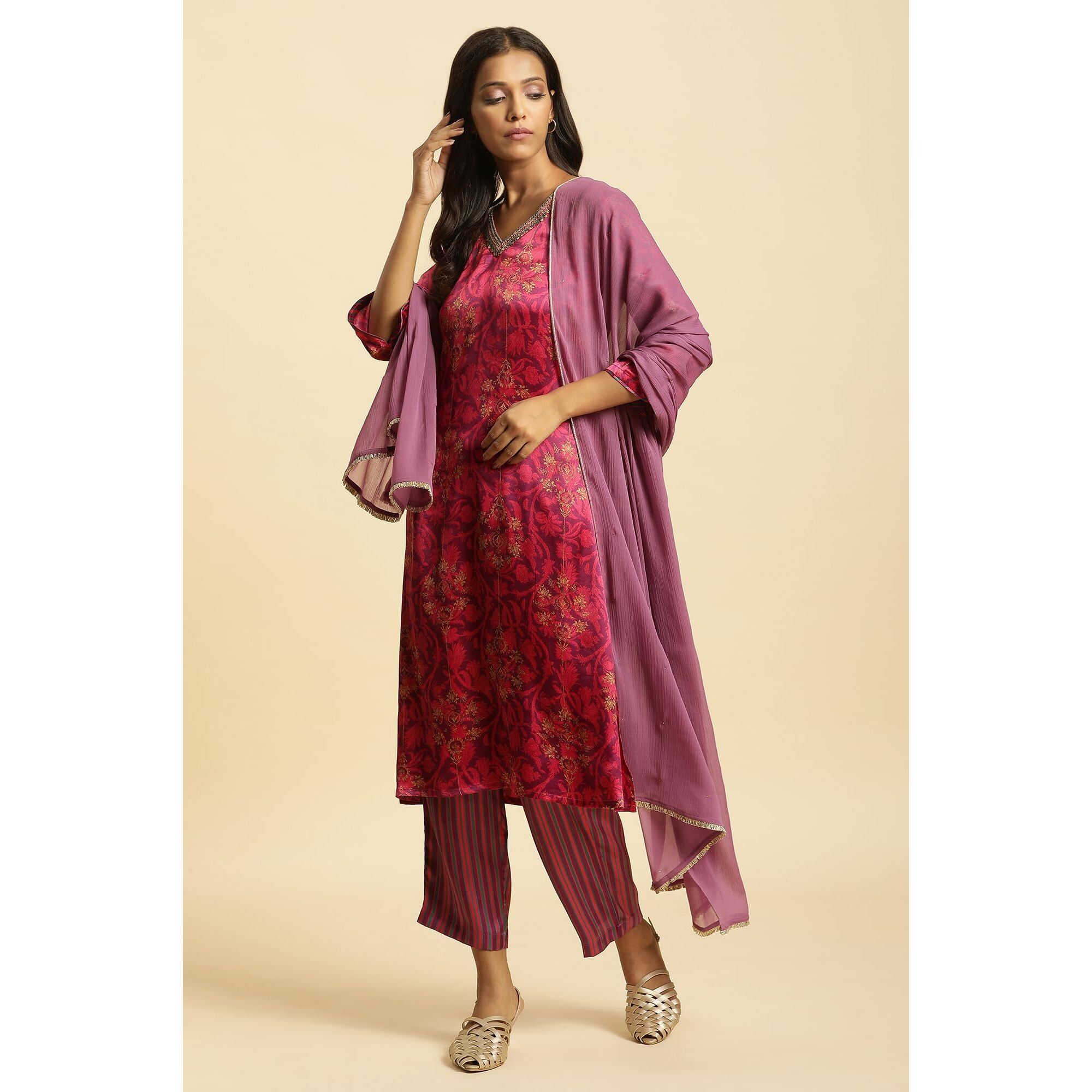 W for Woman Mulberry Purple Solid Chiffon Dupatta_23AUW82039-220236_Free Size