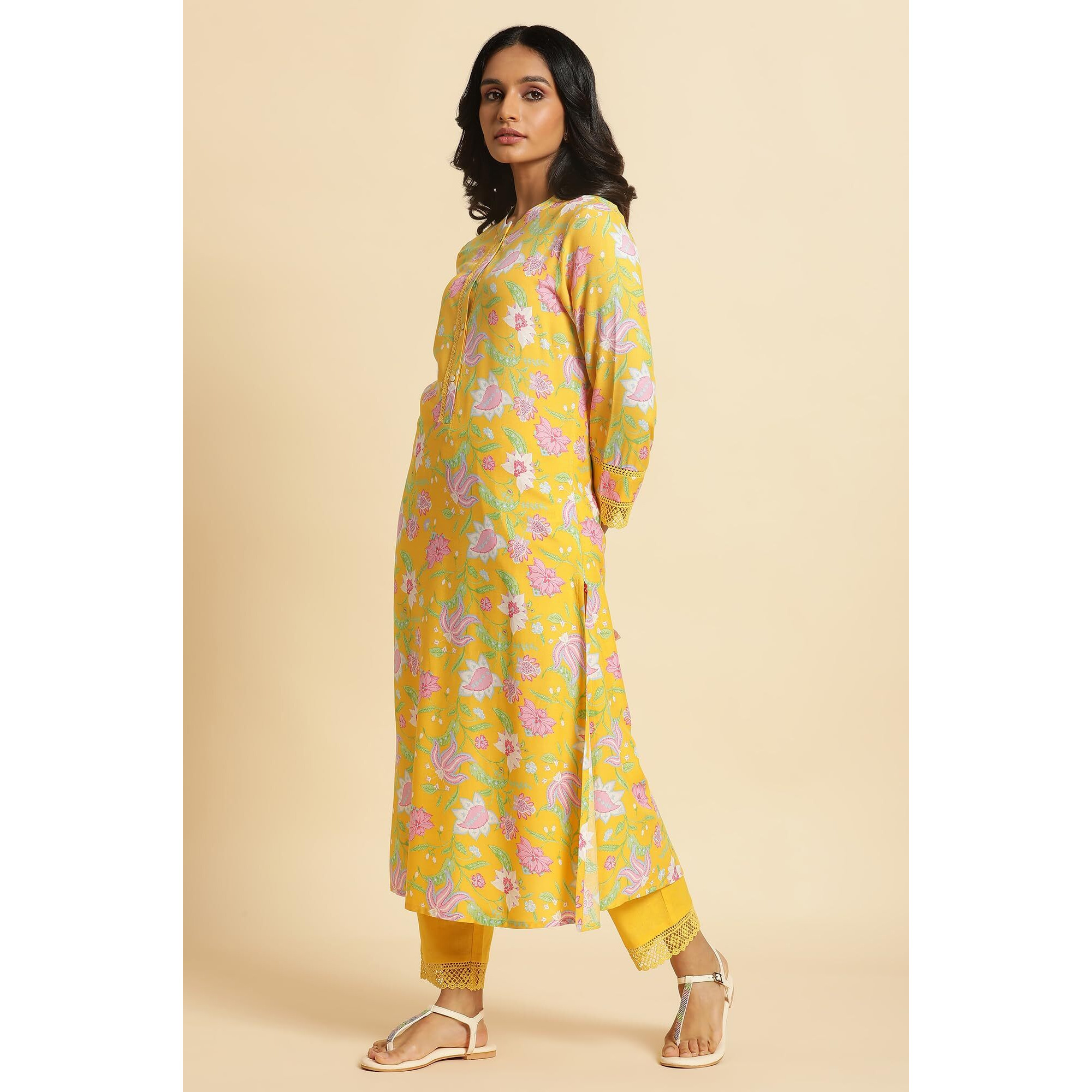 W for Woman Kurta & Straight Pant_23AUWS10124-121545_M Yellow