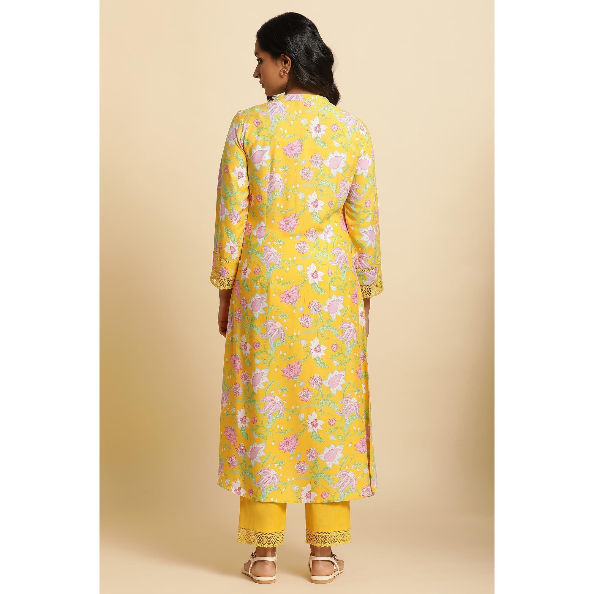 W for Woman Kurta & Straight Pant_23AUWS10124-121545_M Yellow