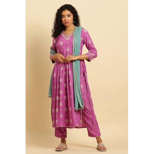 W Purple Paisley Printed Women's Kurta Dupatta Bottomwear Set
