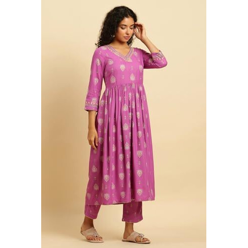 W Purple Paisley Printed Women's Kurta Dupatta Bottomwear Set