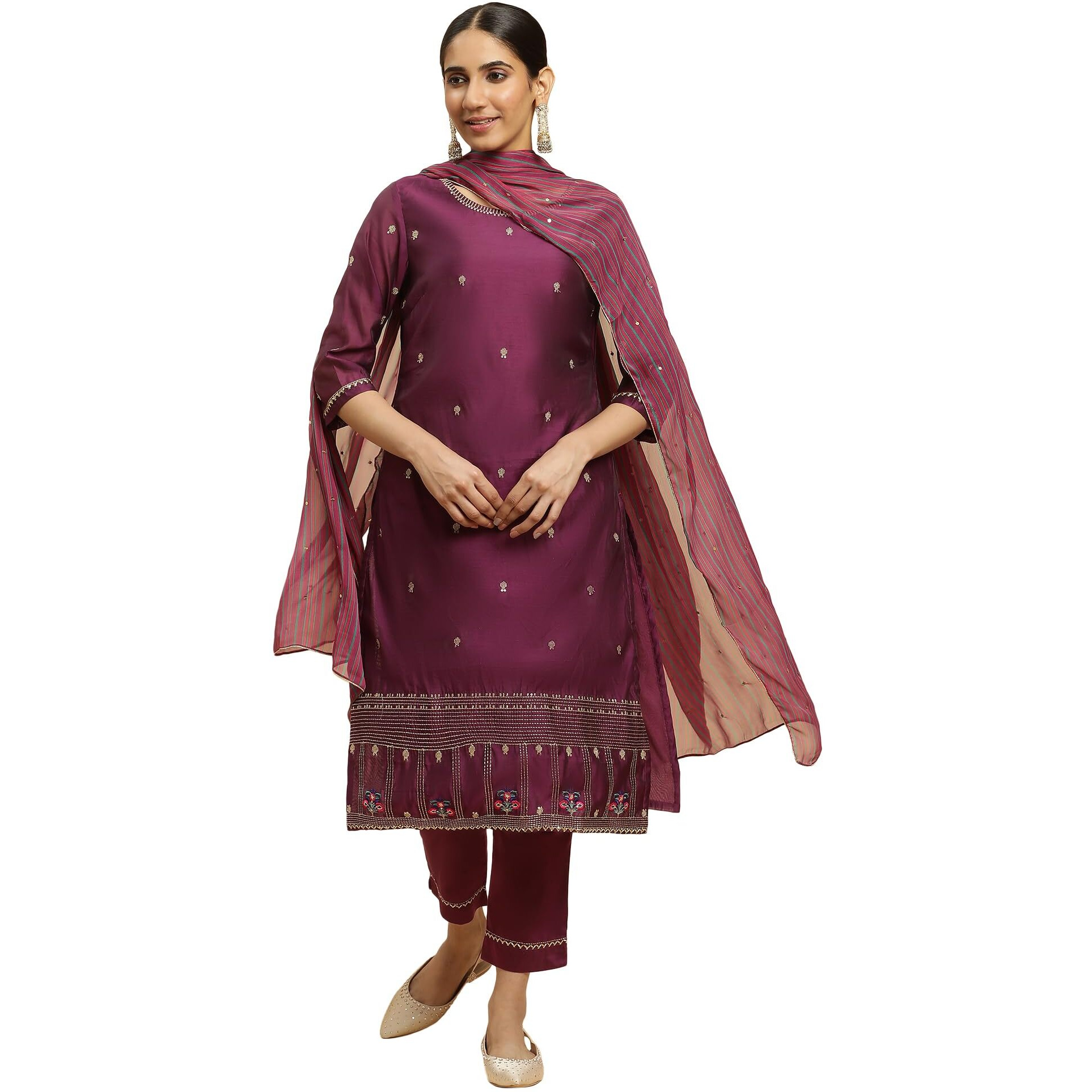 W for Woman Women's Viscose Kurta, Slim Pant & Dupatta (23AUWS10295-220629_Raspberry Purple